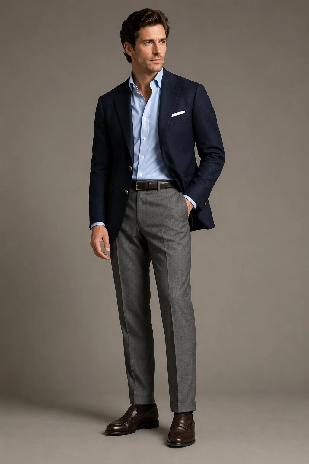 The Classic Business-Casual Uniform: Navy Blazer, OCBD, and Grey Trousers — classic basic outfits men style outfit, worn by a stylish man