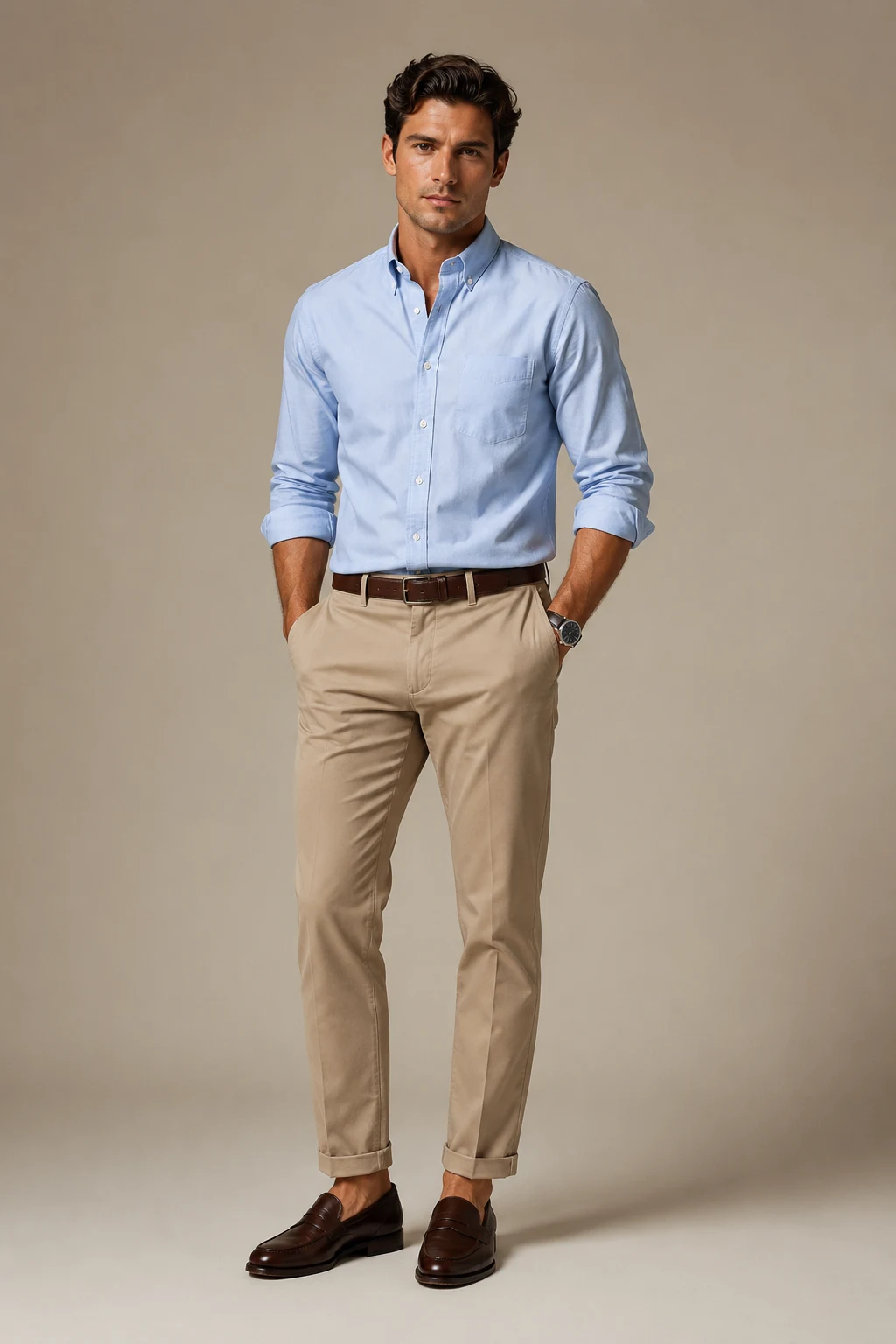 The Ivy Standard: Oxford Shirt, Chinos, and Penny Loafers — classic basic outfits men style outfit, worn by a stylish man