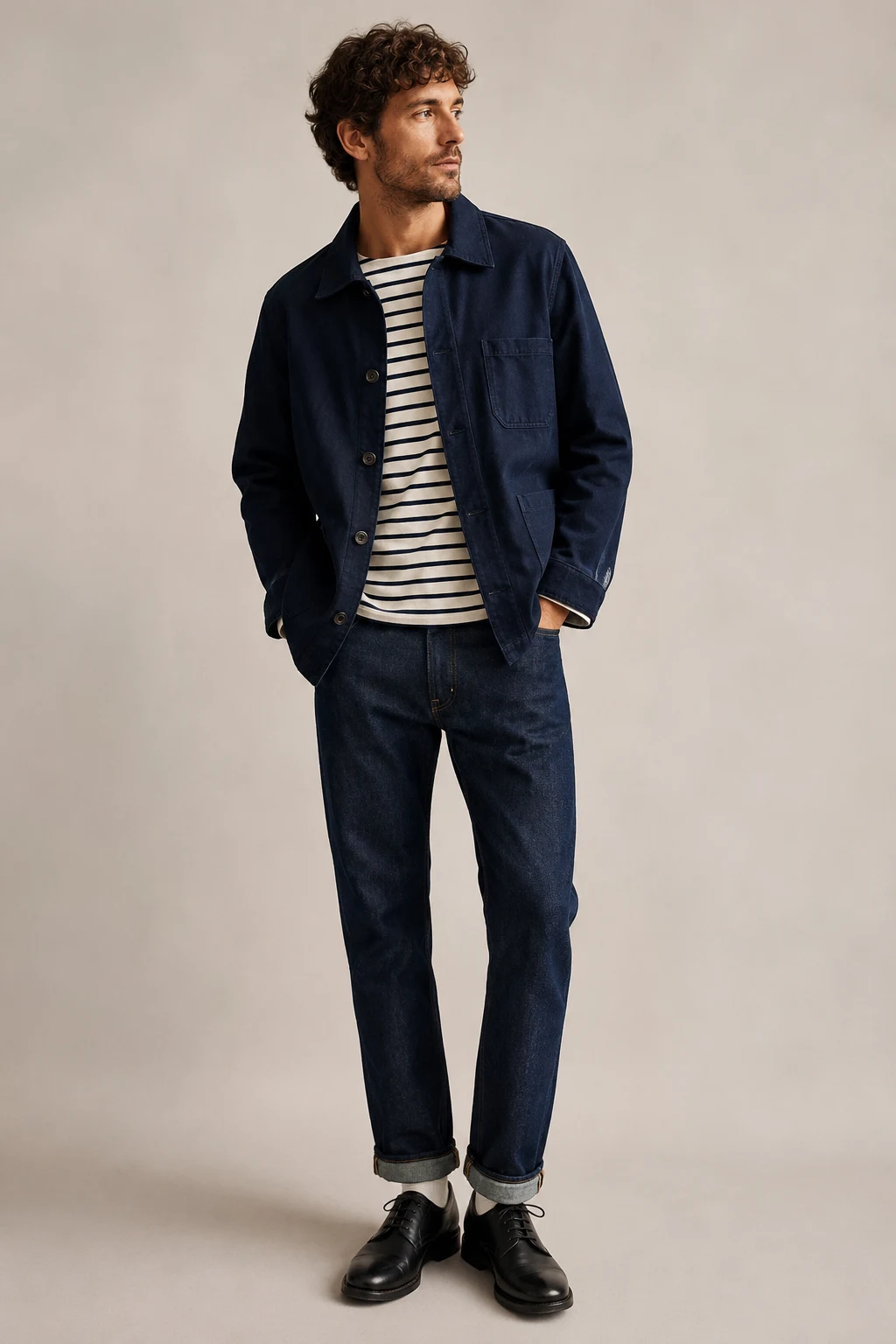 The French Workwear Uniform: Chore Jacket, Breton Tee, and Denim — classic basic outfits men style outfit, worn by a stylish man