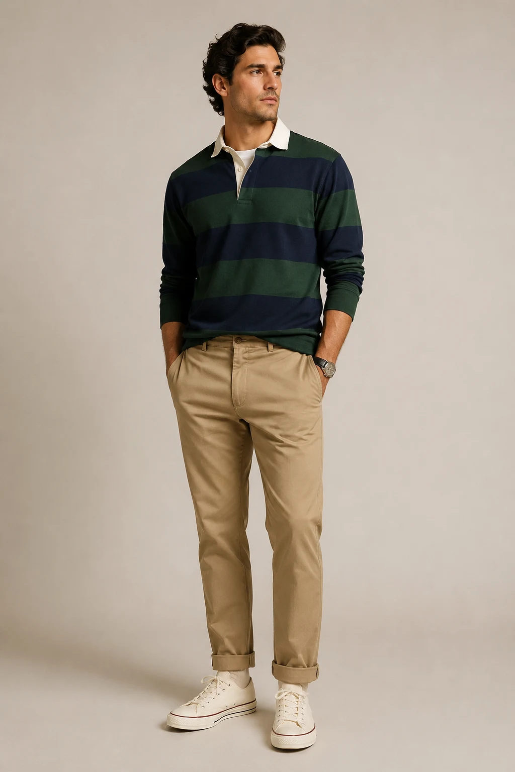 The American Prep Look: Rugby Shirt, Khakis, and Canvas Sneakers — classic basic outfits men style outfit, worn by a stylish man