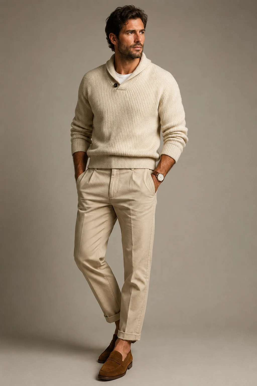 The Hemingway-Inspired Casual Uniform: Knitwear, Chinos, and Loafers — classic basic outfits men style outfit, worn by a stylish man
