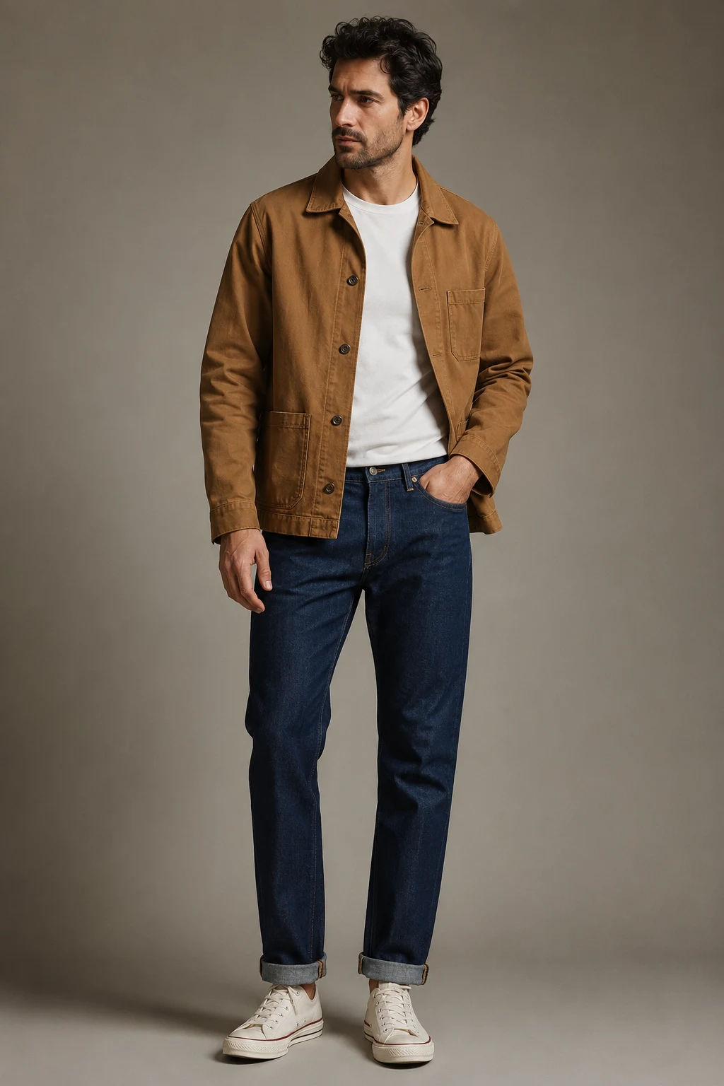 The Denim-and-Chore-Jacket Uniform: Indigo Jeans, White Tee, and Canvas Outerwear — classic basic outfits men style outfit, worn by a stylish man