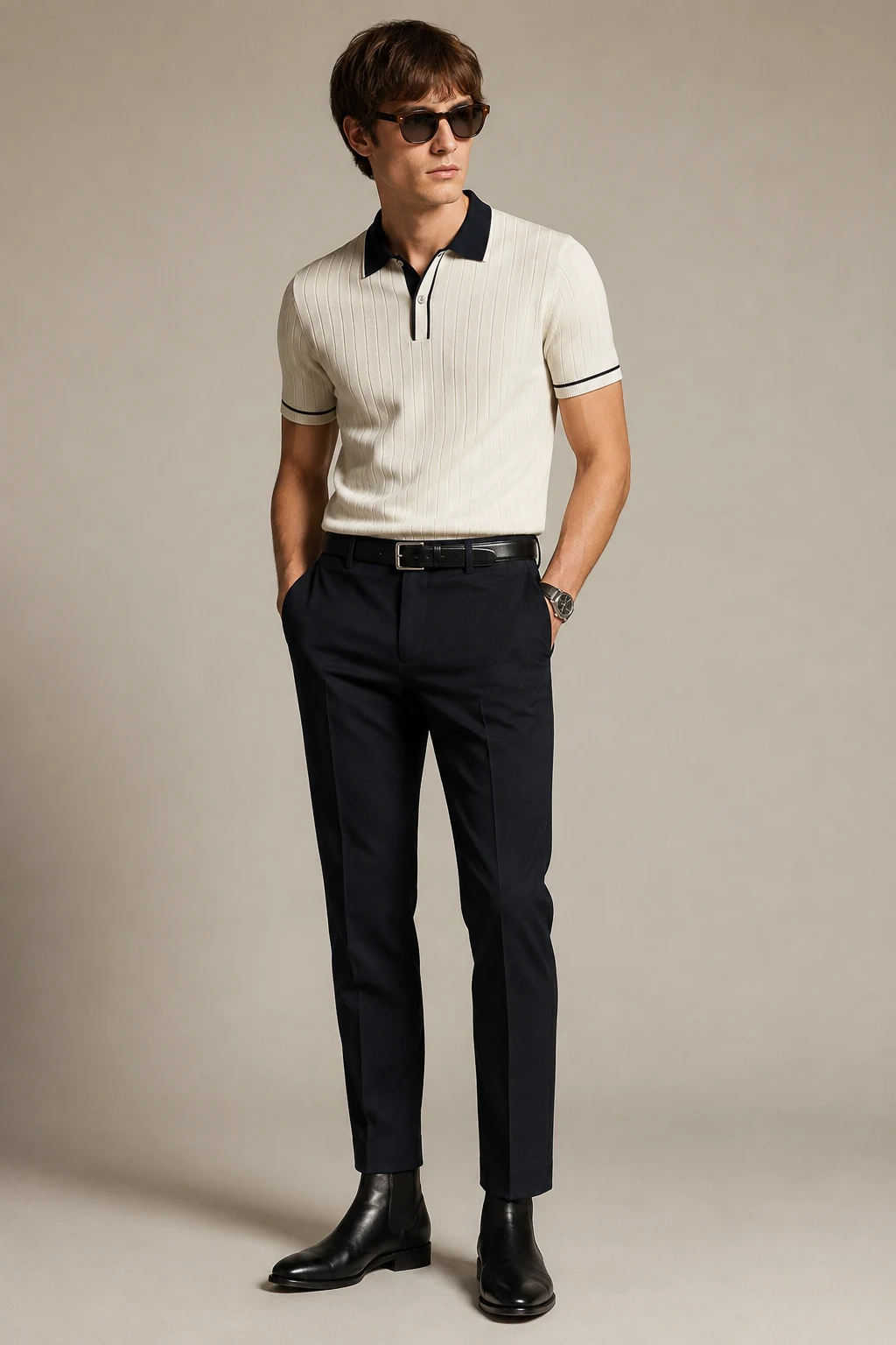 The 1960s Mod: Knit Polo, Trousers, and Chelsea Boots — classic basic outfits men style outfit, worn by a stylish man