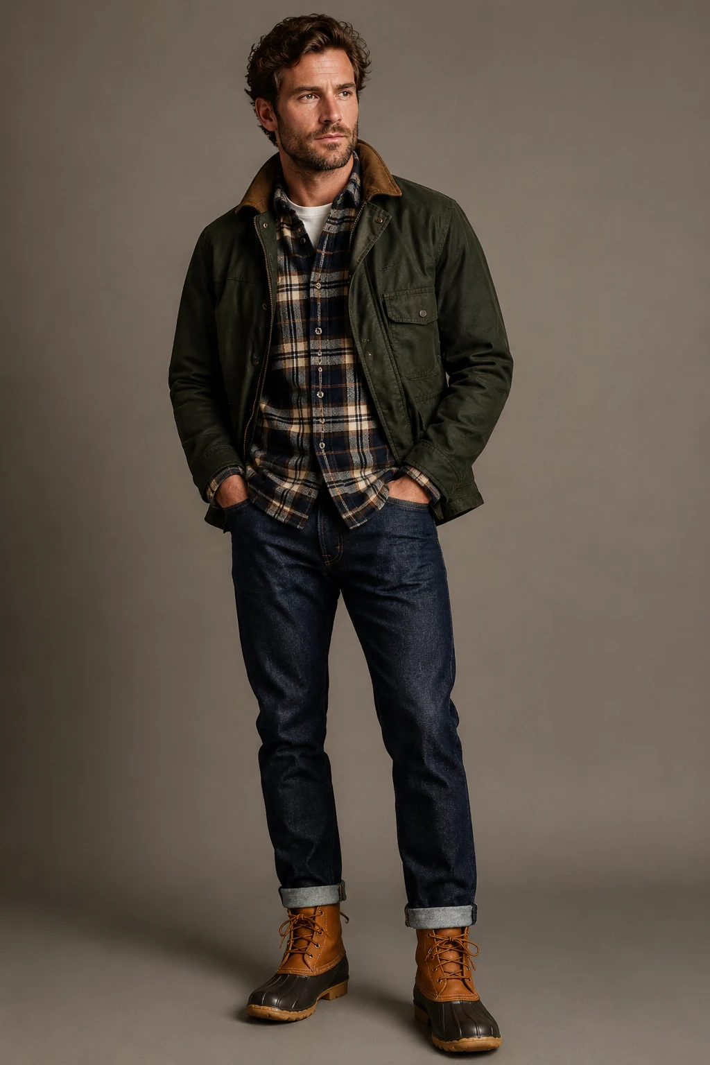 The Rugged New England Look: Flannel, Denim, and Bean Boots — classic basic outfits men style outfit, worn by a stylish man