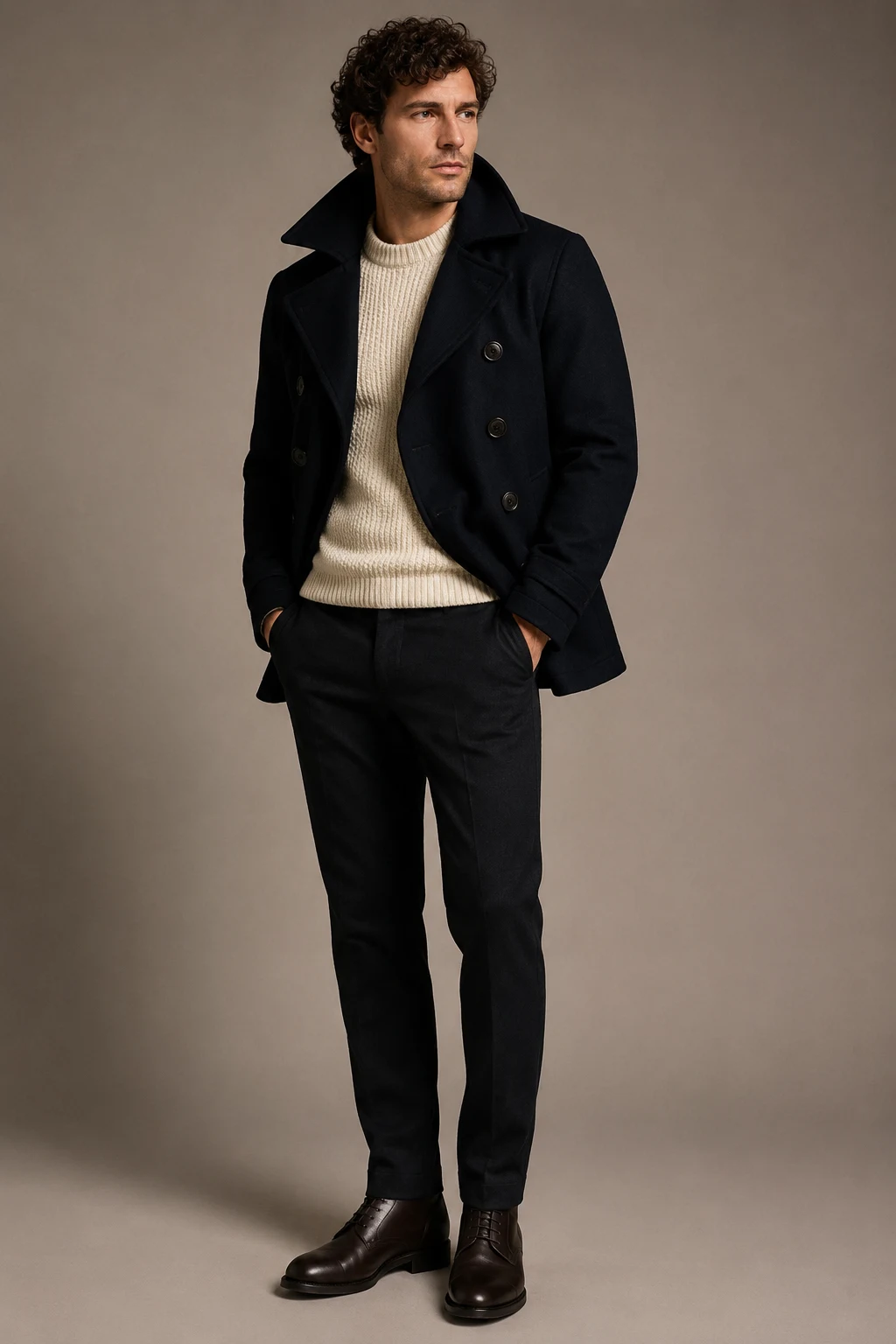 The Naval-Inspired Outfit: Peacoat, Knitwear, and Dark Trousers — classic basic outfits men style outfit, worn by a stylish man