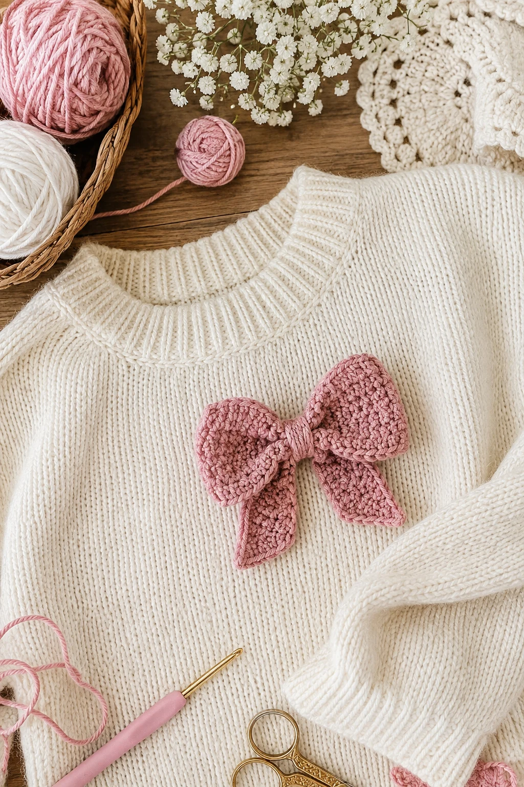 Crochet Bow Sweater Embellishment — coquette crochet ideas style outfit