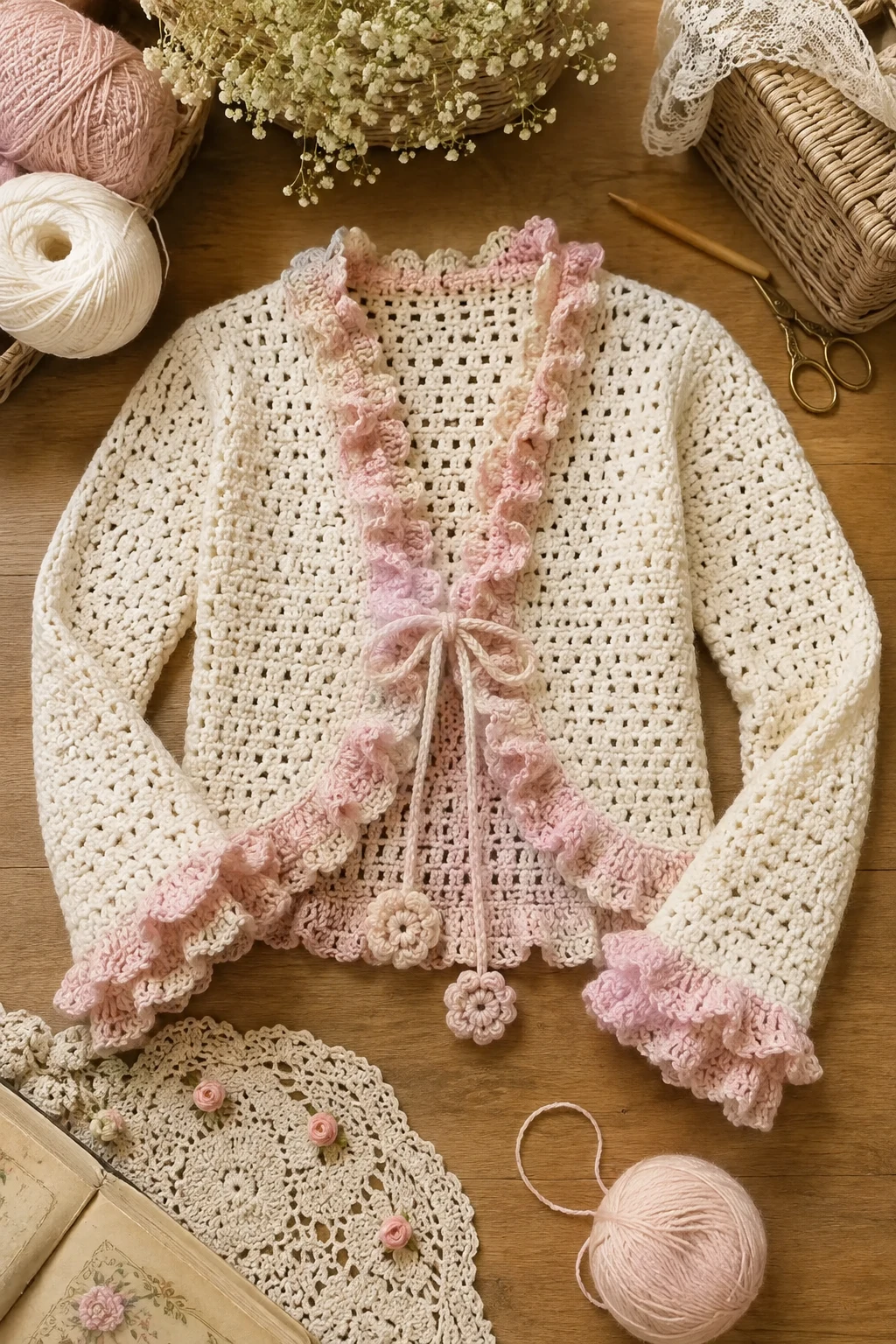 Ruffled Crochet Cardigan — coquette crochet ideas style outfit