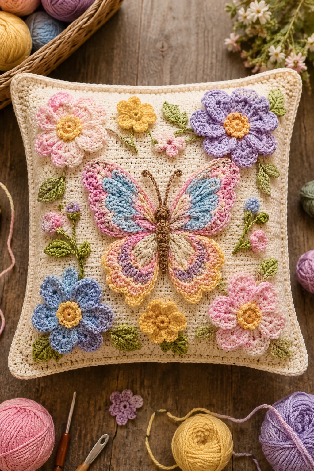 Butterfly and Flower Pillow — crochet applique patterns free butterfly style outfit