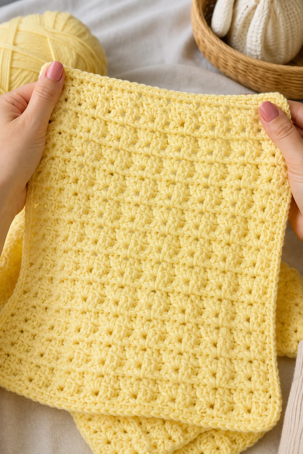 hands holding up the finished, completed crochet baby blanket boy using Worsted-weight acrylic yarn: approximately 1,400–1,450 yards total.; Yarn used for this sample: Hobbii Amigo XL Worsted Weight Yarn.; Color: Primrose, used throughout the entire blanket.; 5 mm (H-8) crochet hook. up close, right after this final