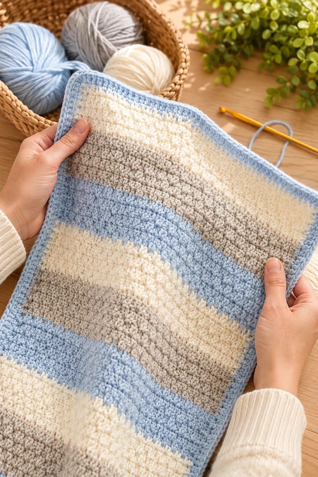 hands holding up the finished, completed crochet baby blanket boy up close, right after this final