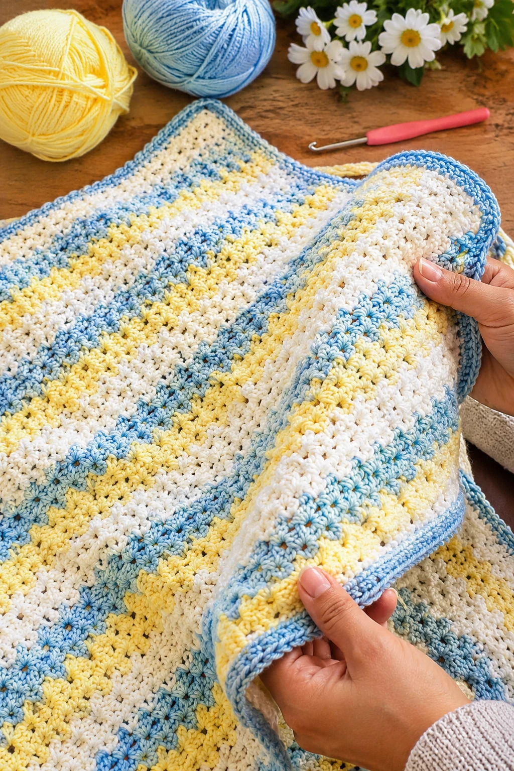 hands holding up the finished, completed crochet baby blanket free pattern up close, right after this final 