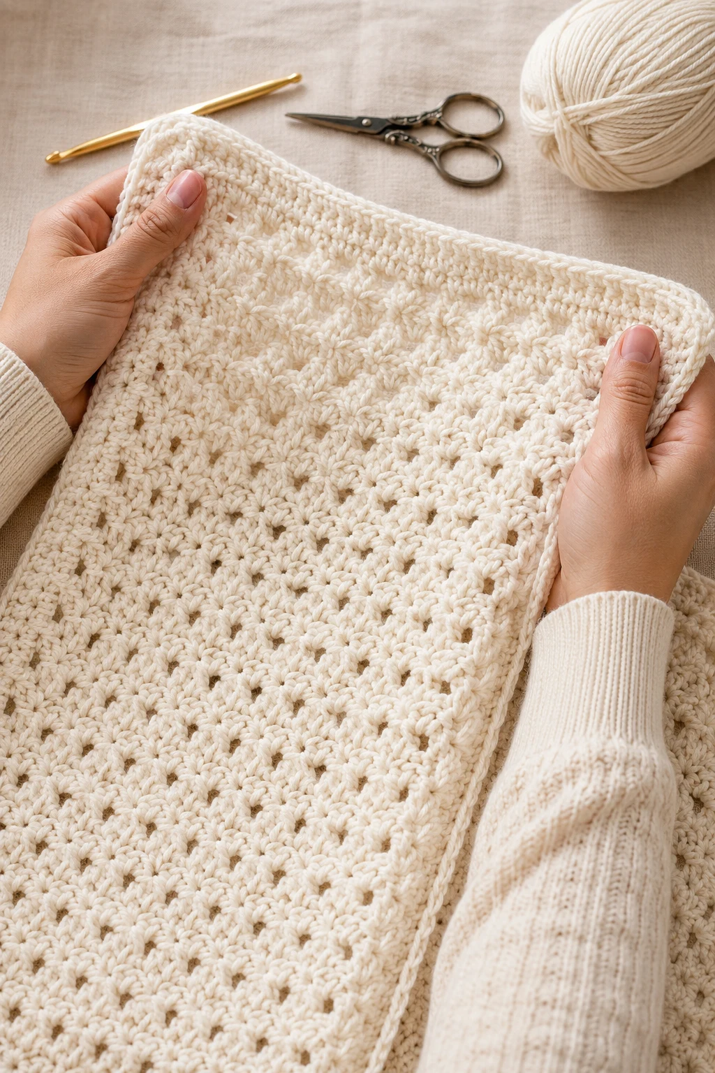 hands holding up the finished, completed crochet baby blanket pattern using DK/light worsted weight yarn, approximately 900 g / 2,000 yards, in soft ivory; 4.0 mm crochet hook (US G/6); Yarn needle with a blunt tip for weaving in ends; Sharp scissors; Color: Soft ivory throughout the entire blan up close, right after this final