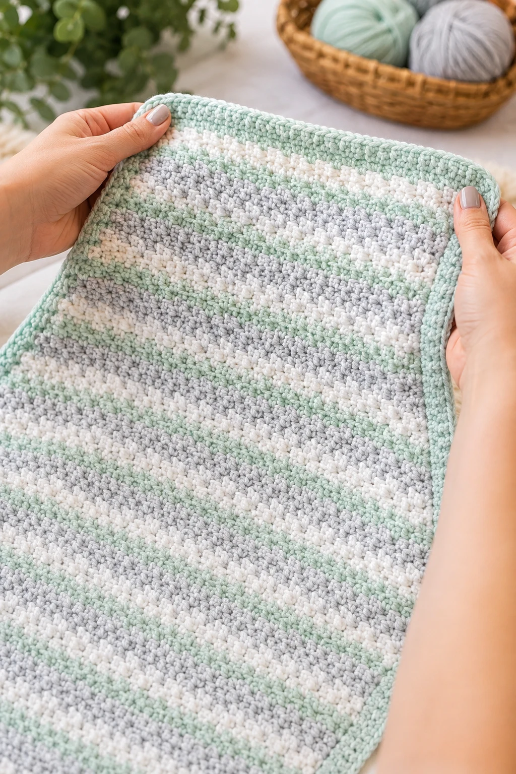 hands holding up the finished, completed crochet baby blanket pattern up close, right after this final