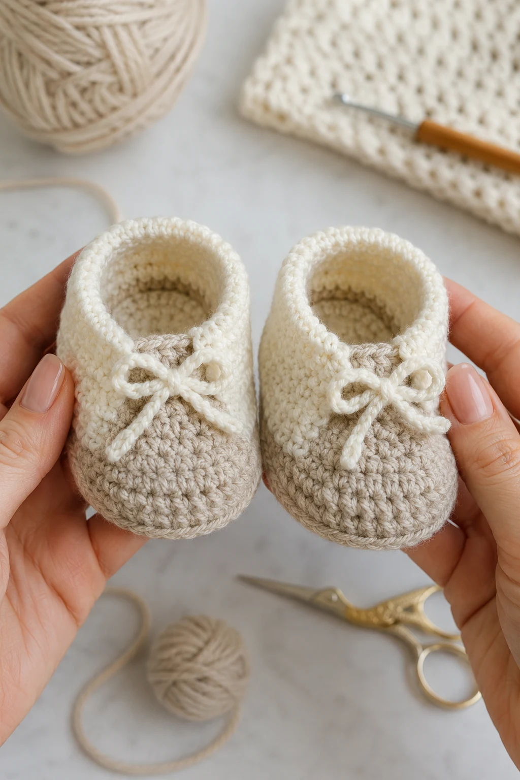 hands holding up the finished, completed crochet baby booties pattern up close, right after this final