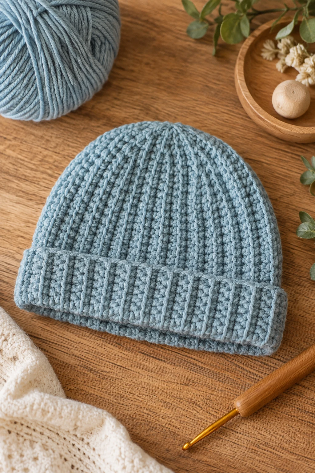 Dusty Blue Ribbed Crochet Baby Cap — crochet baby cap style outfit