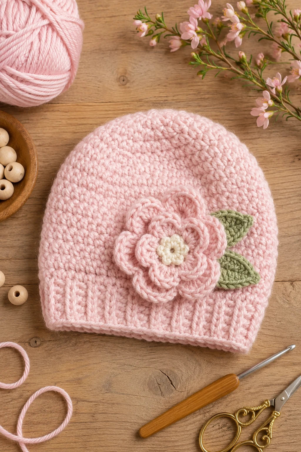 Blush Pink Flower-Topped Crochet Baby Cap — crochet baby cap style outfit