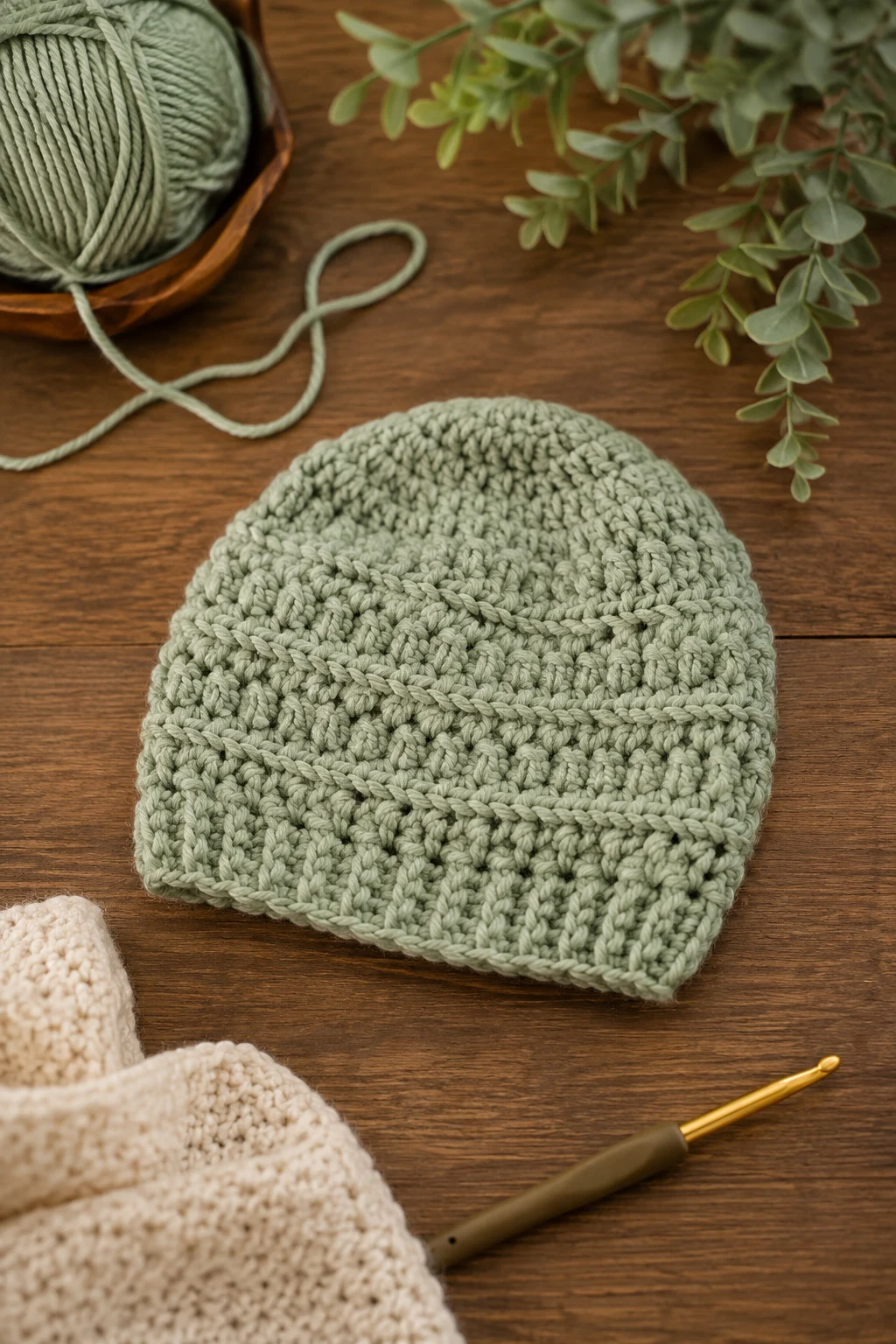 Textured Sage Green Crochet Baby Cap — crochet baby cap style outfit