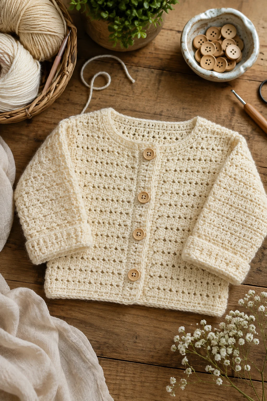 Classic Cream Crochet Baby Cardigan — crochet baby cardigan style outfit
