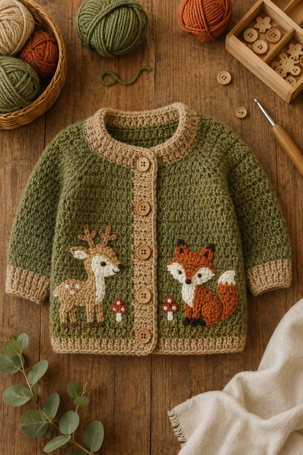 Woodland Button Crochet Baby Cardigan — crochet baby cardigan style outfit