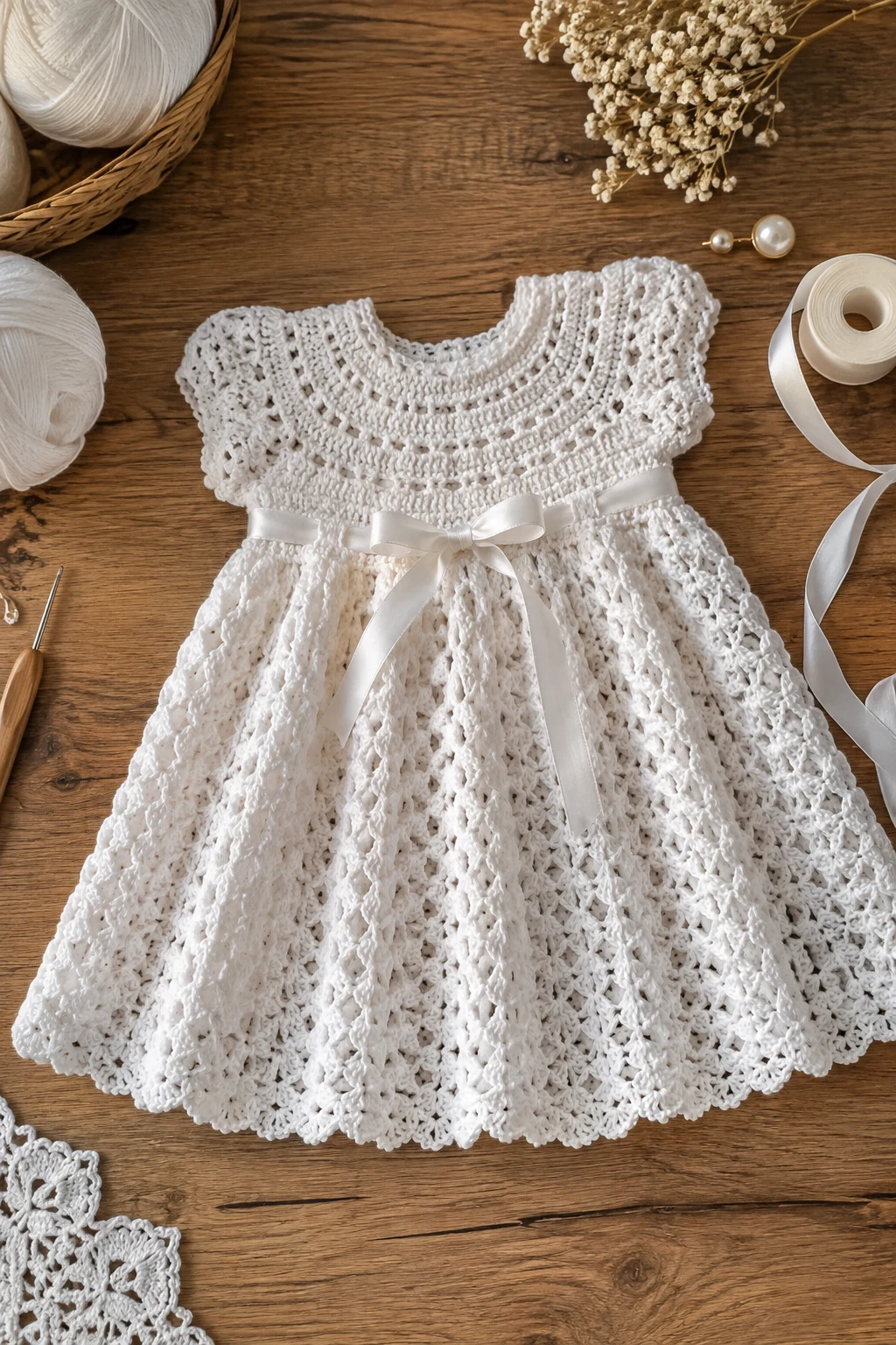 Classic White Christening Crochet Baby Dress — crochet baby dress style outfit