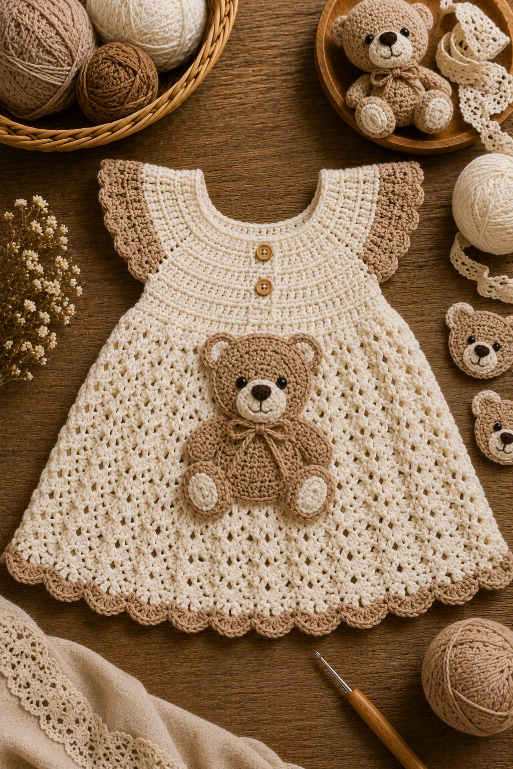 Teddy Bear Appliqué Dress — Crochet Baby Dress style outfit