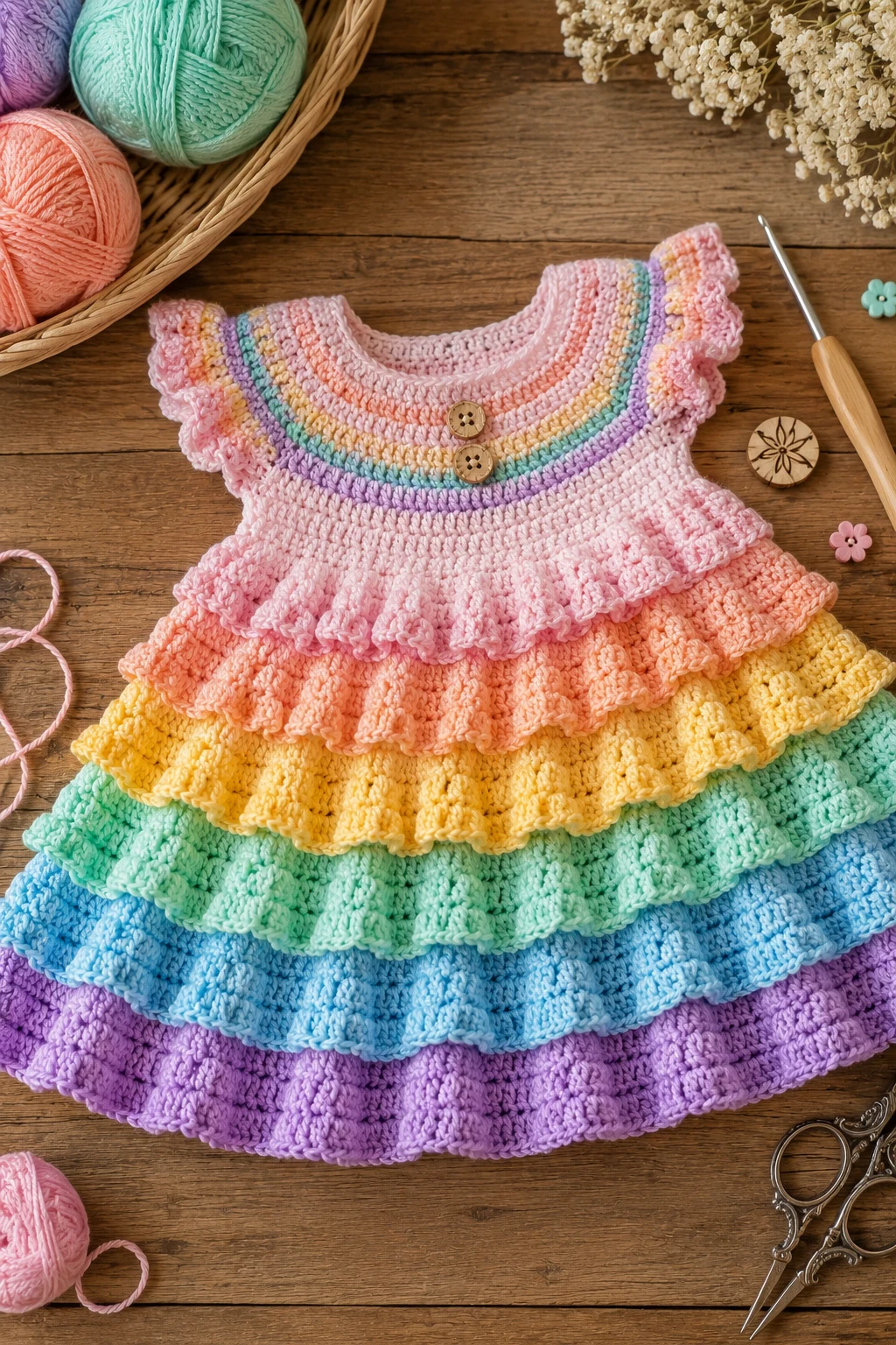 Rainbow Ruffle Crochet Baby Dress — crochet baby dress style outfit