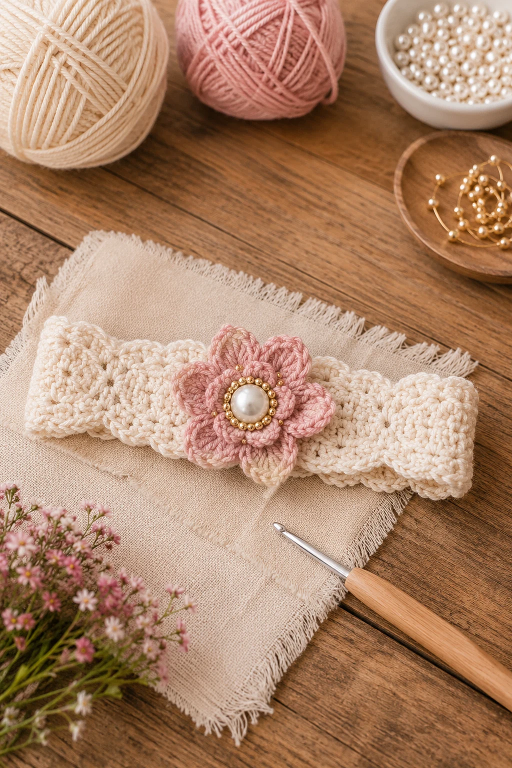Luxe Pearl-Style Flower Band — crochet baby headband style outfit