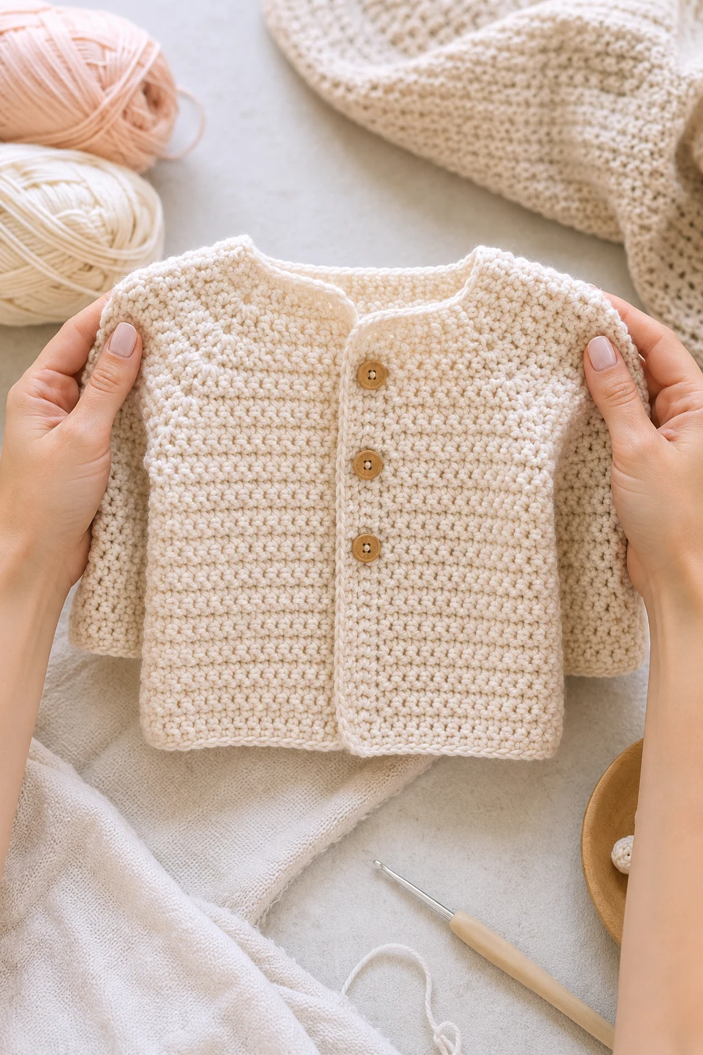 hands holding up the finished, completed crochet baby jacket free pattern up close, right after this final