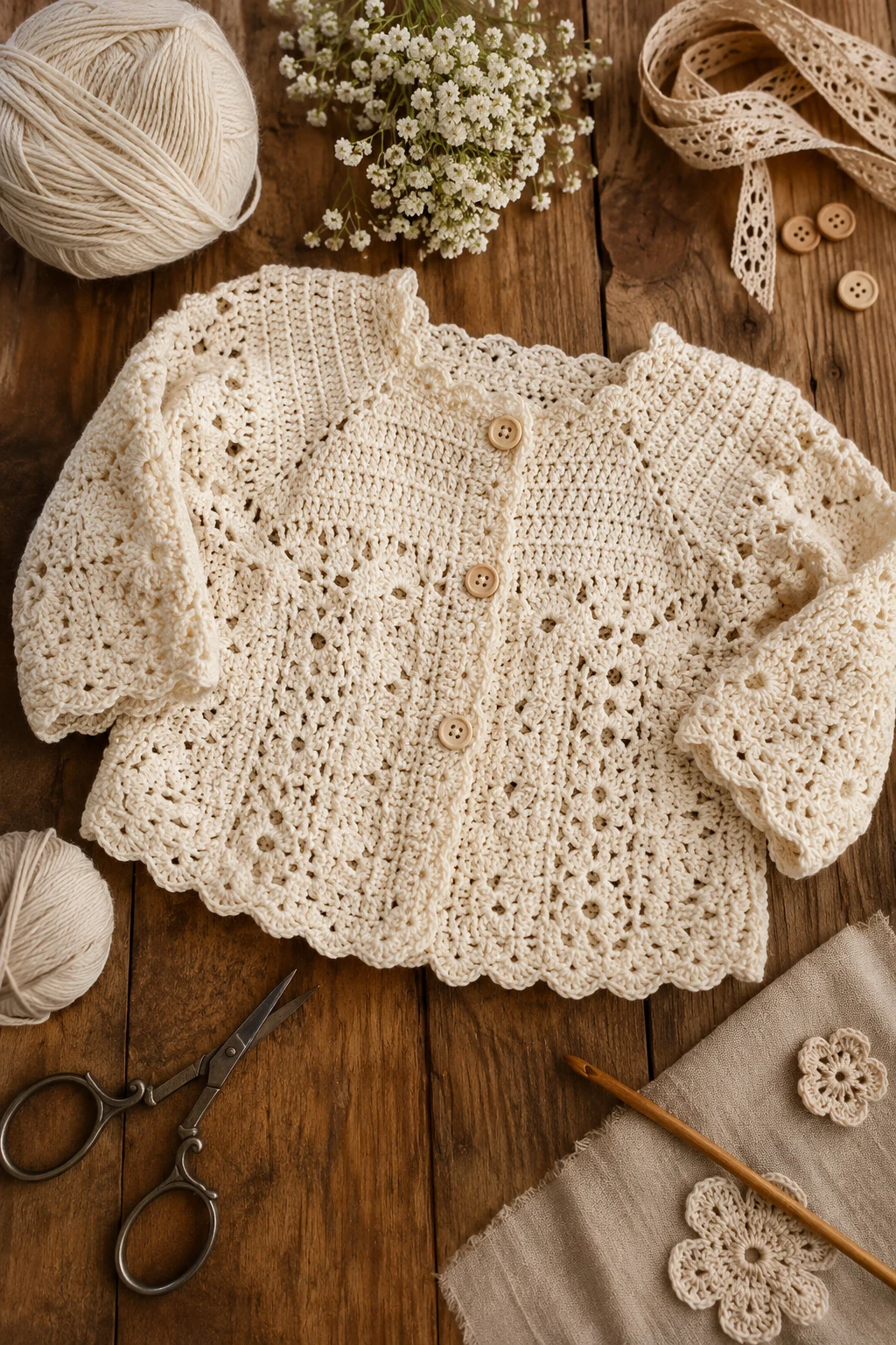 Vintage Lace Christening Cardigan — crochet baby jacket style outfit