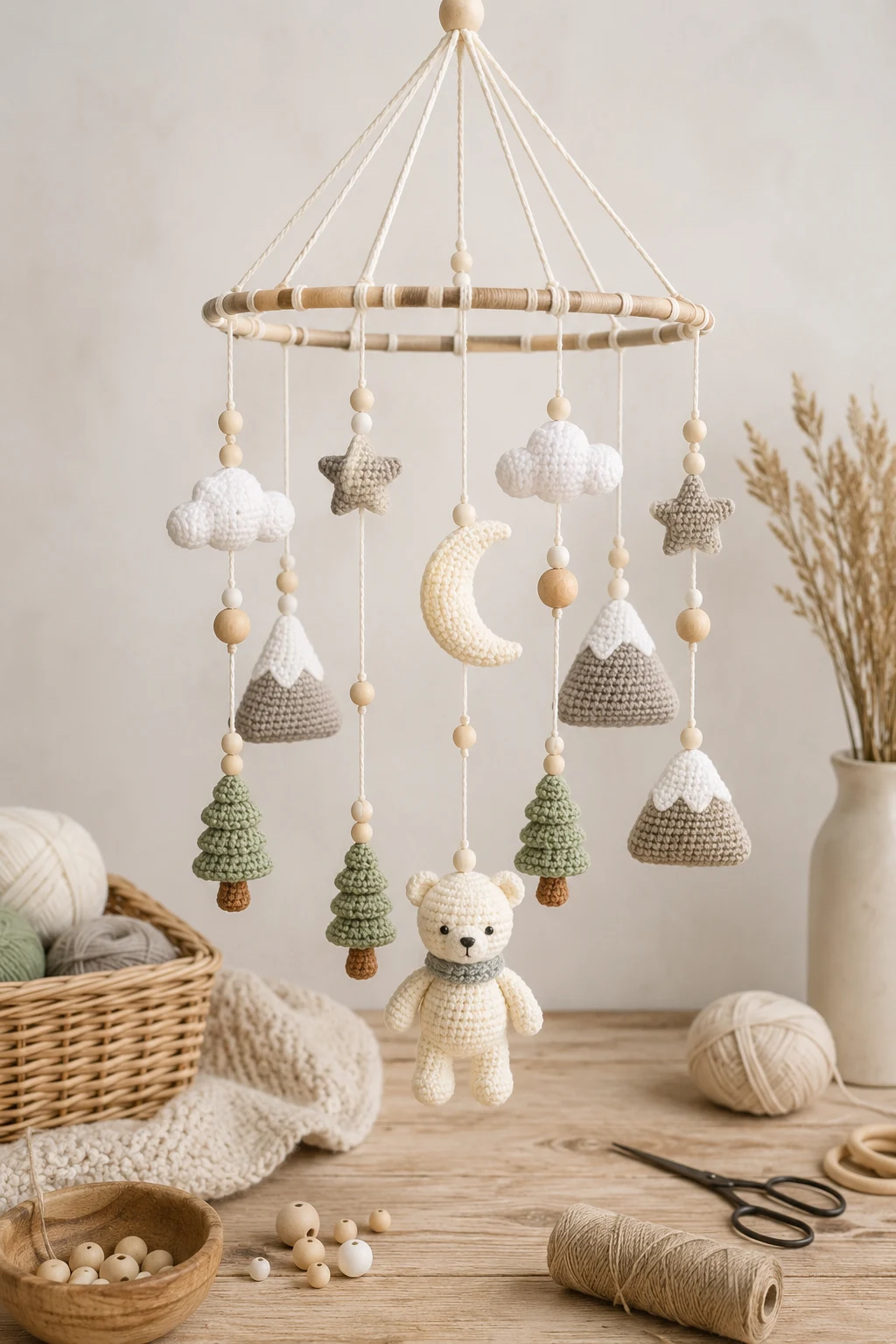 Scandinavian Neutral Crochet Baby Mobile — crochet baby mobiles style outfit