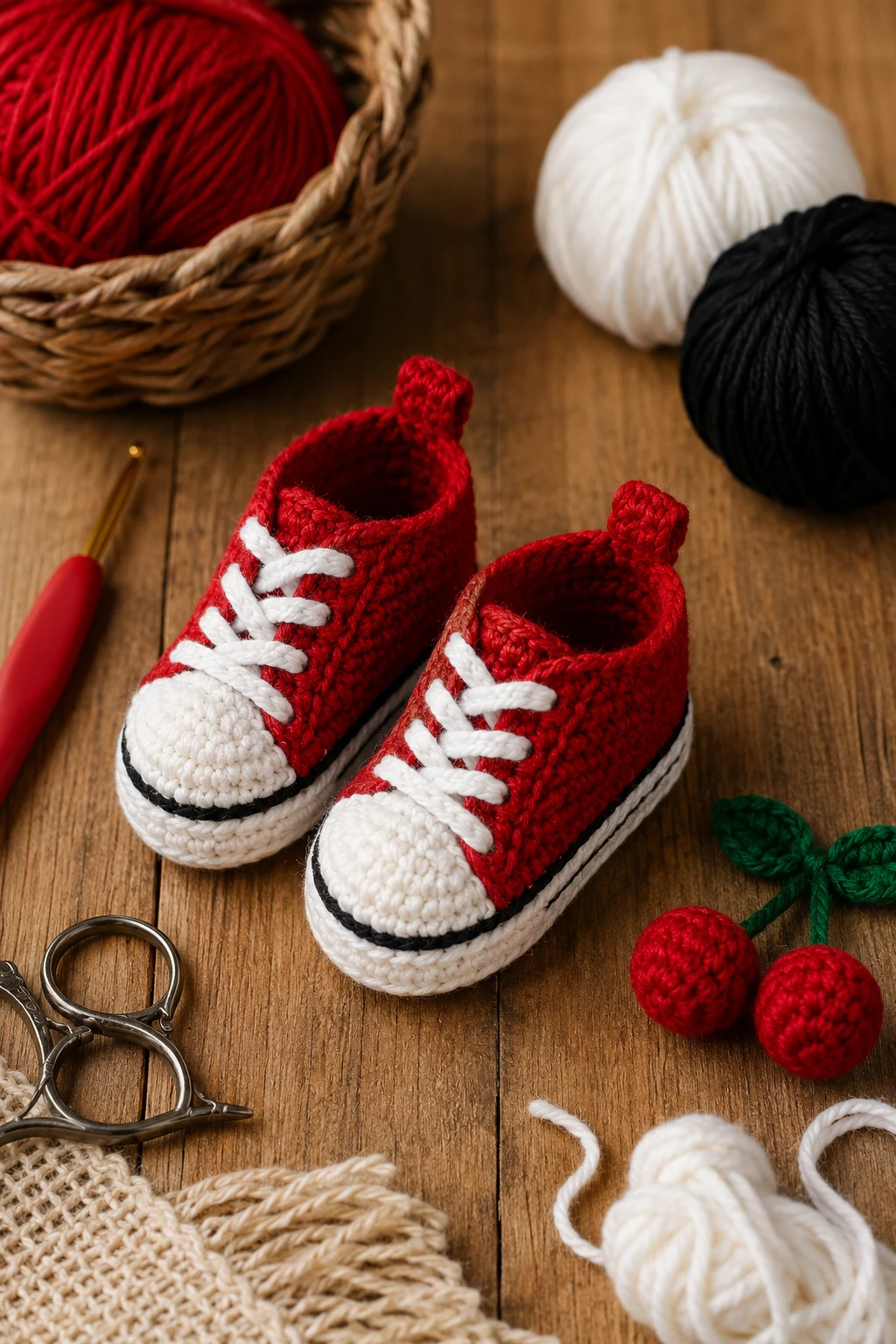 Cherry Red Sneaker Booties — crochet baby shoes design style outfit