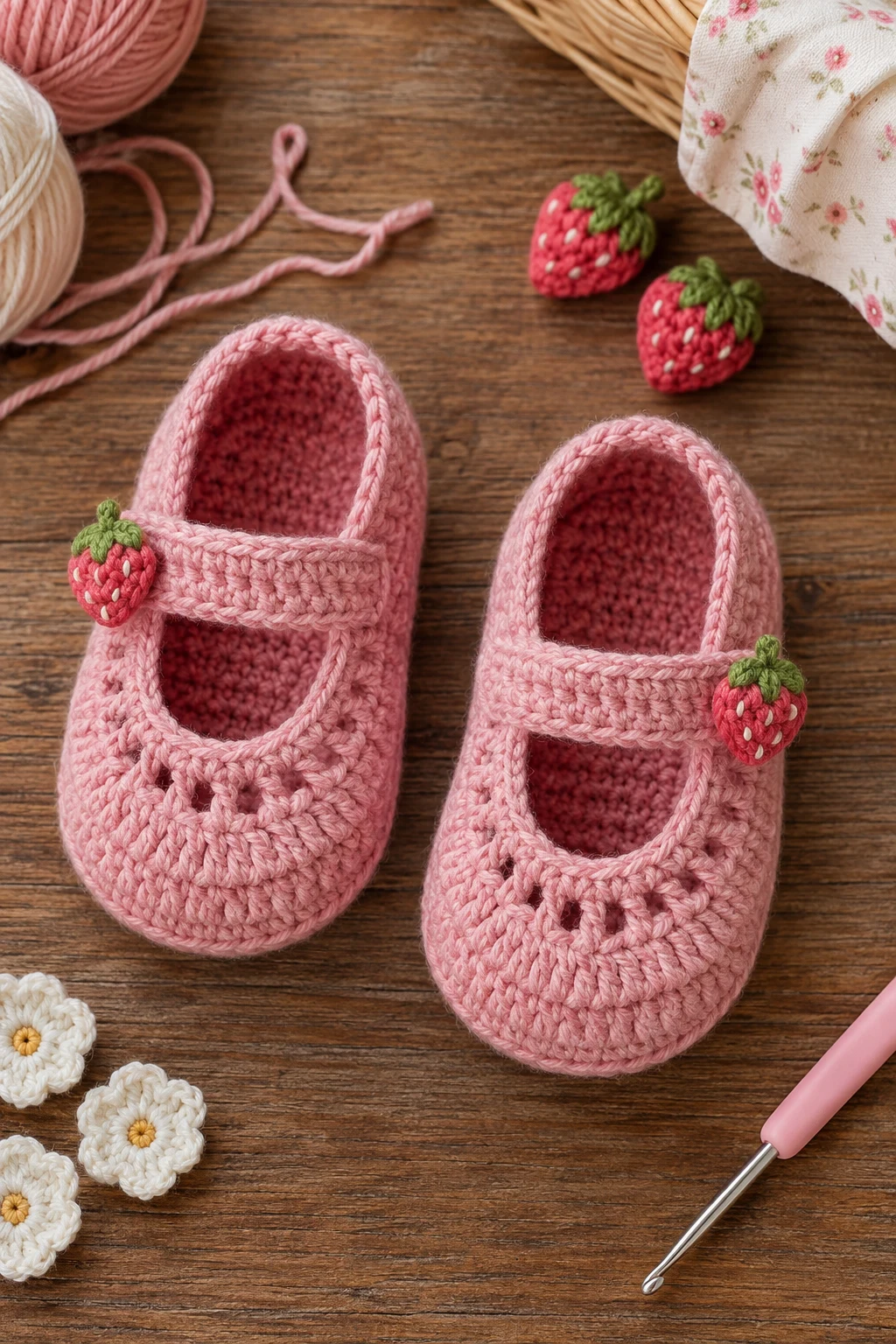 Strawberry Pink Mary Janes — crochet baby shoes design style outfit