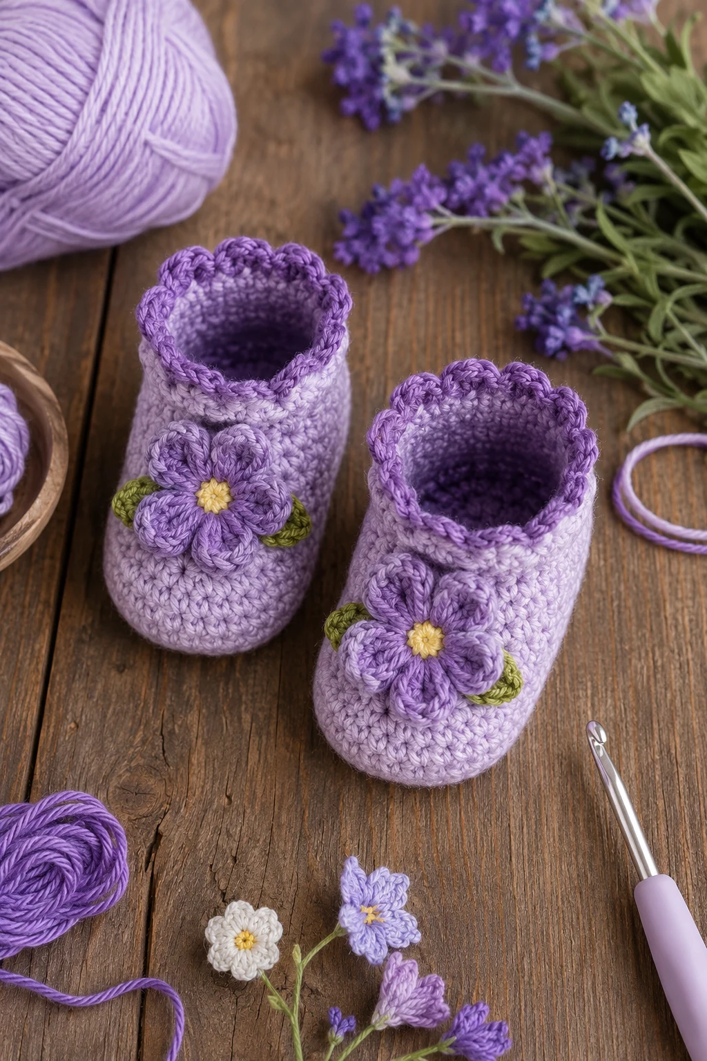 Lavender Flower Booties — Crochet Baby Shoes Design — crochet baby shoes design style outfit