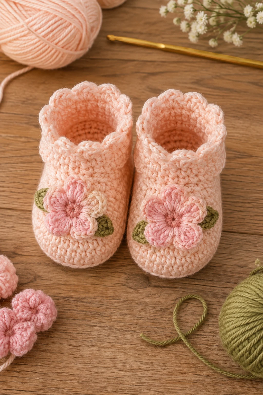 Peach Blossom Booties — crochet baby shoes design style outfit