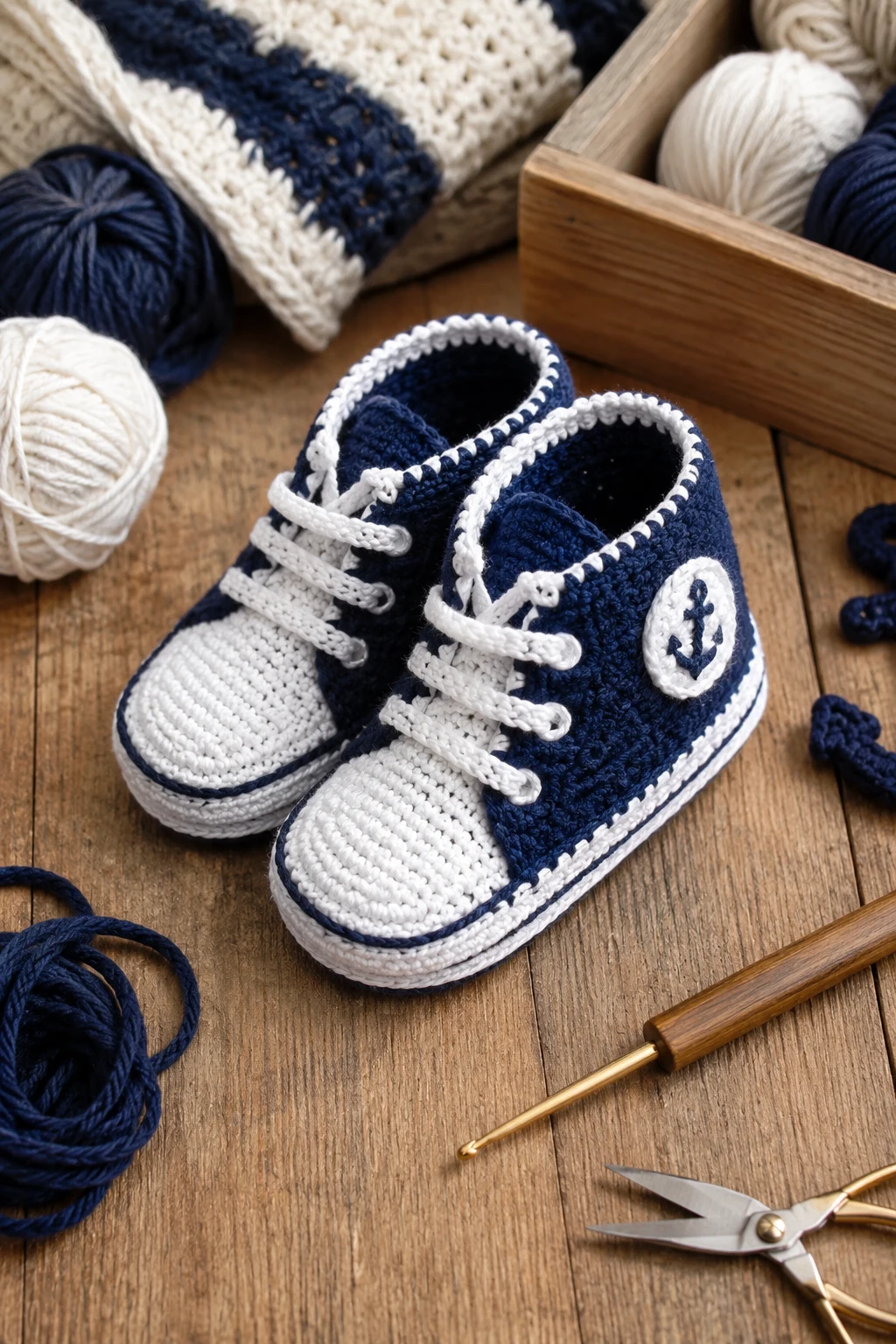 Nautical Navy-and-White Shoes — crochet baby shoes design style outfit