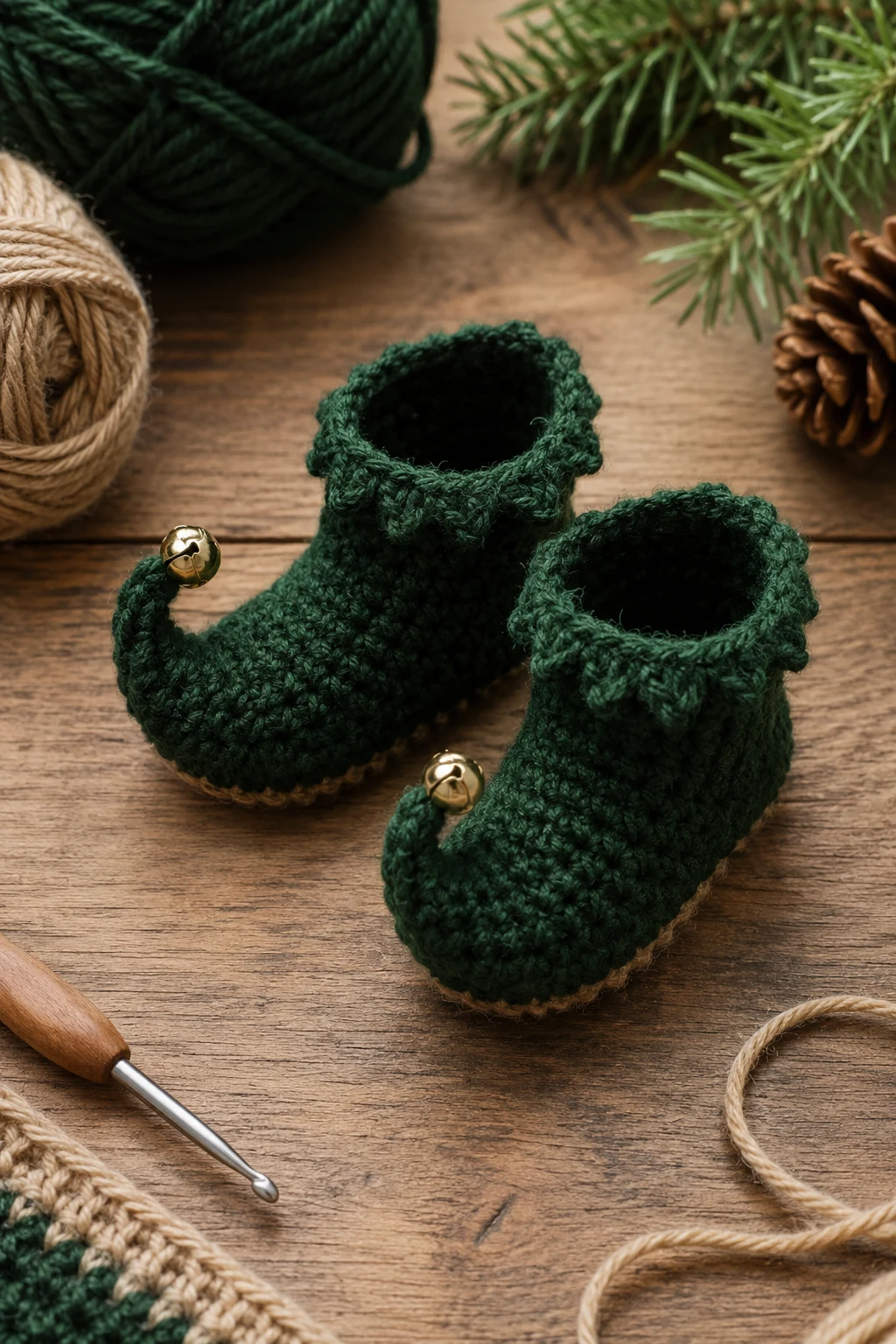 Forest Green Elf Booties — crochet baby shoes design style outfit