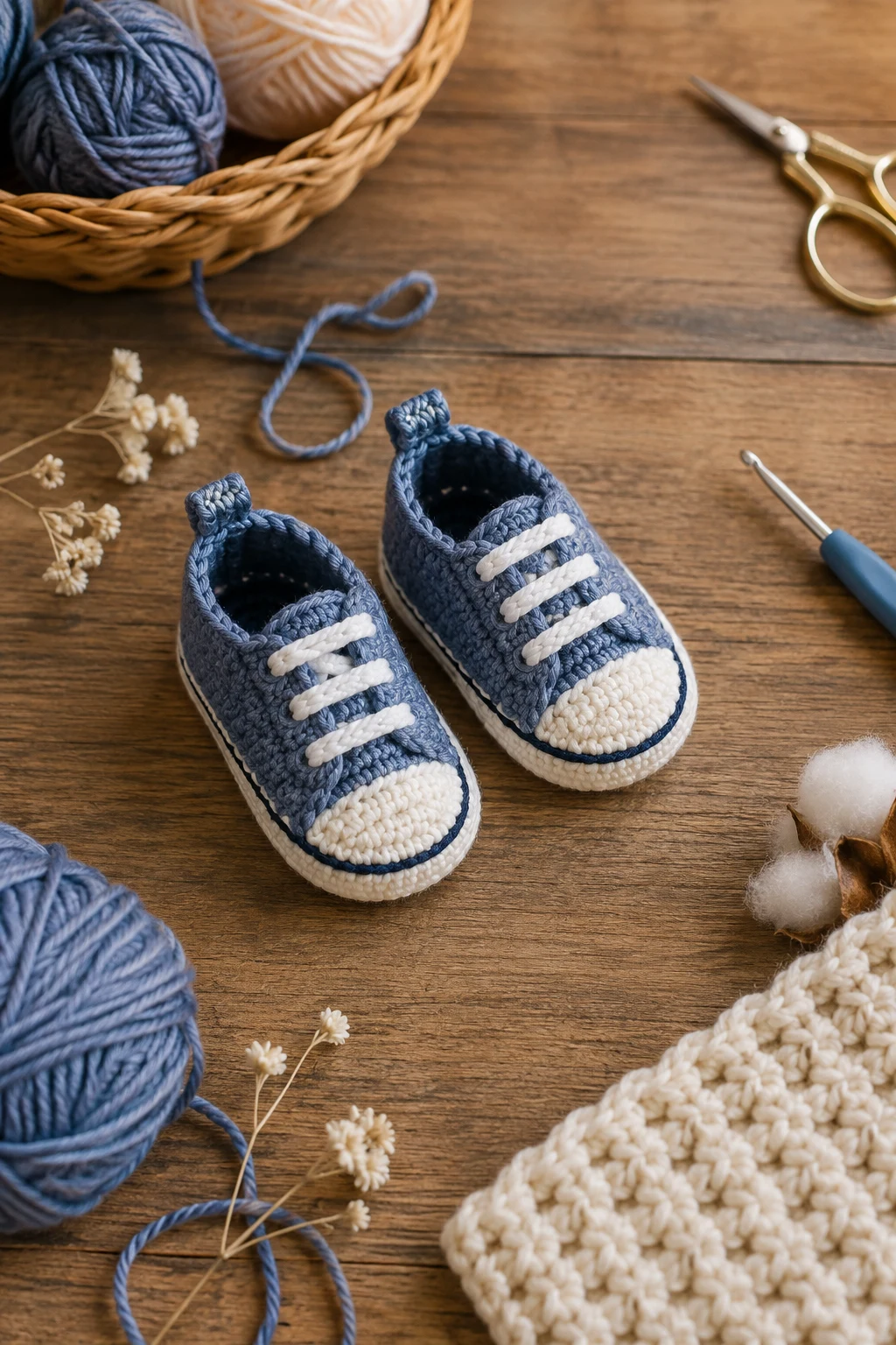 Denim Blue Mini Sneakers — crochet baby shoes design style outfit