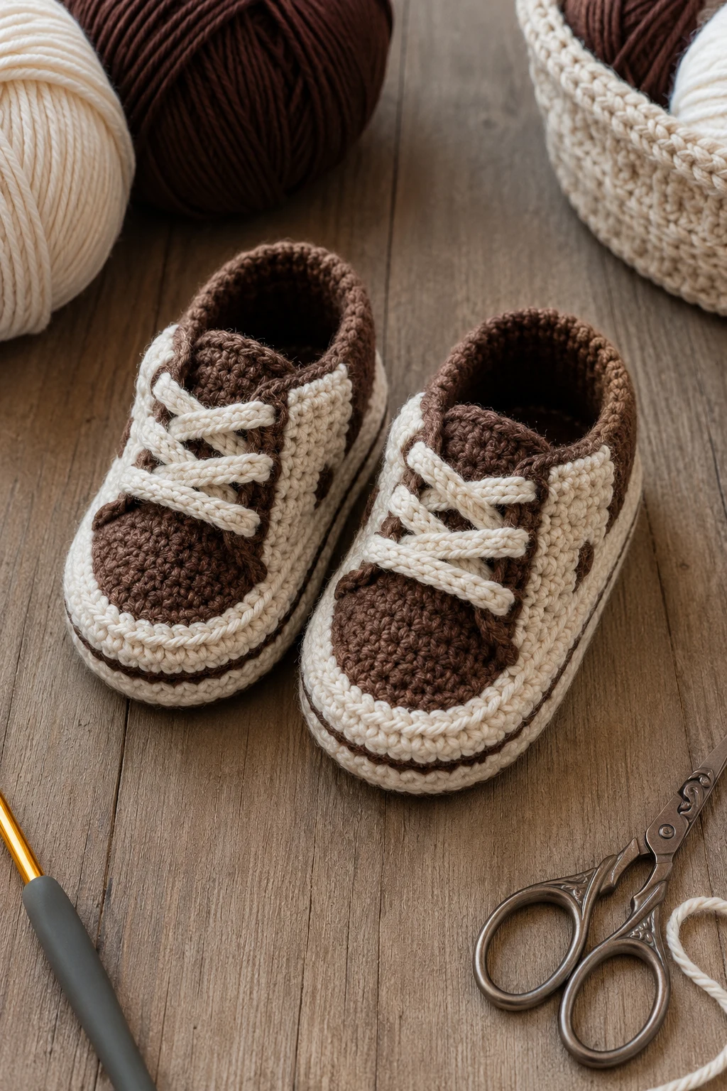 Chocolate-and-Cream Mini Sneakers — crochet baby shoes design style outfit