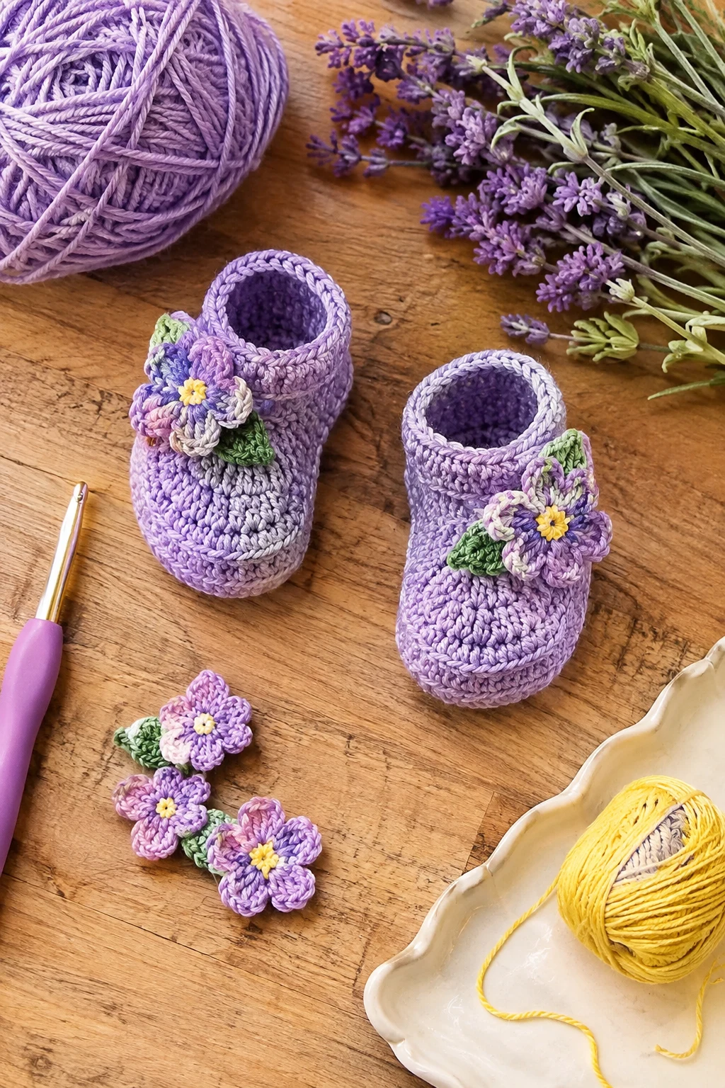 Lavender Flower Booties — crochet baby shoes design style outfit