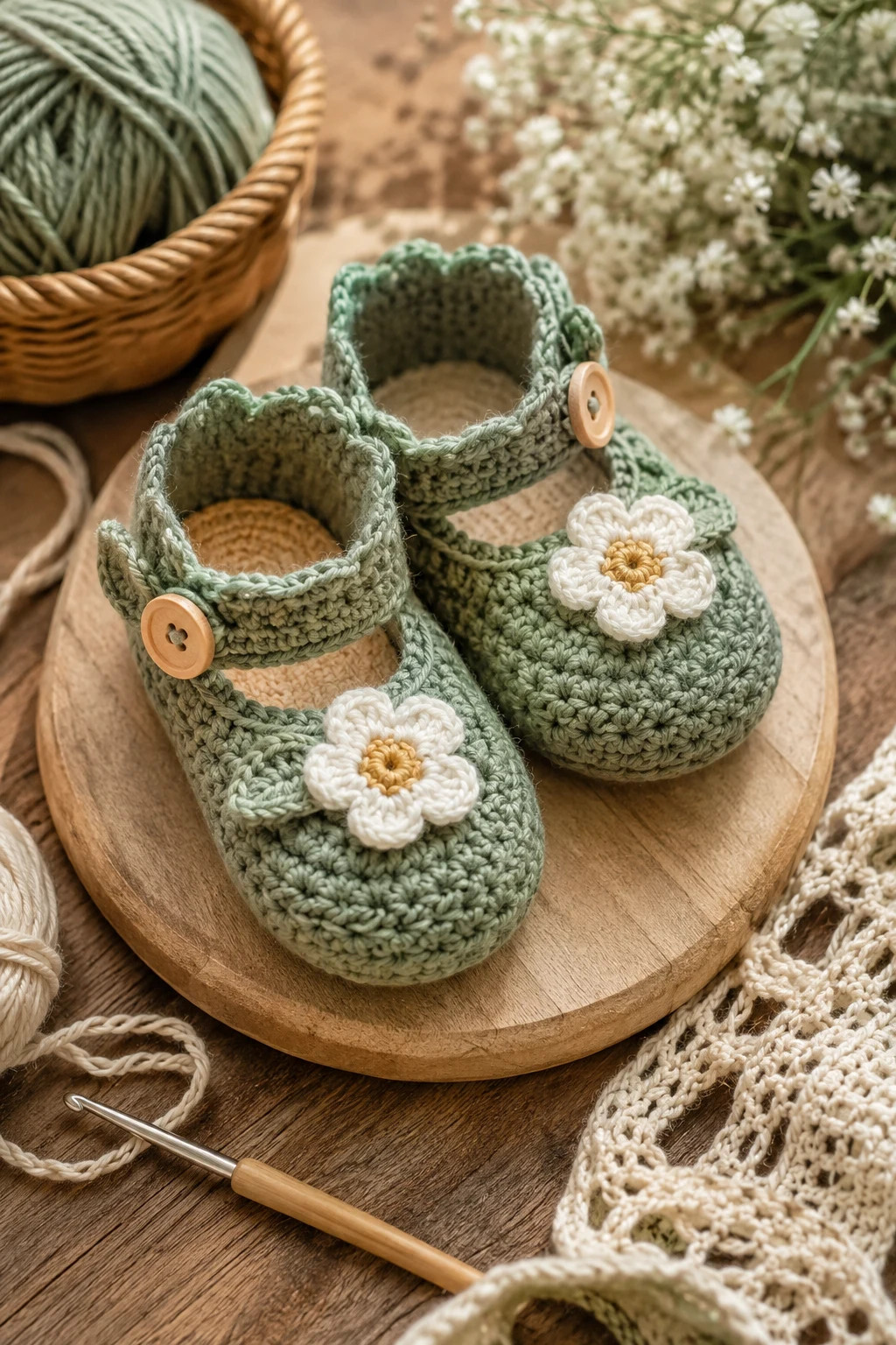 Sage Green Garden Booties — crochet baby shoes design style outfit