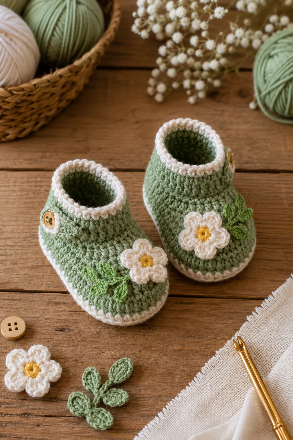Sage Green Garden Booties — crochet baby shoes design style outfit