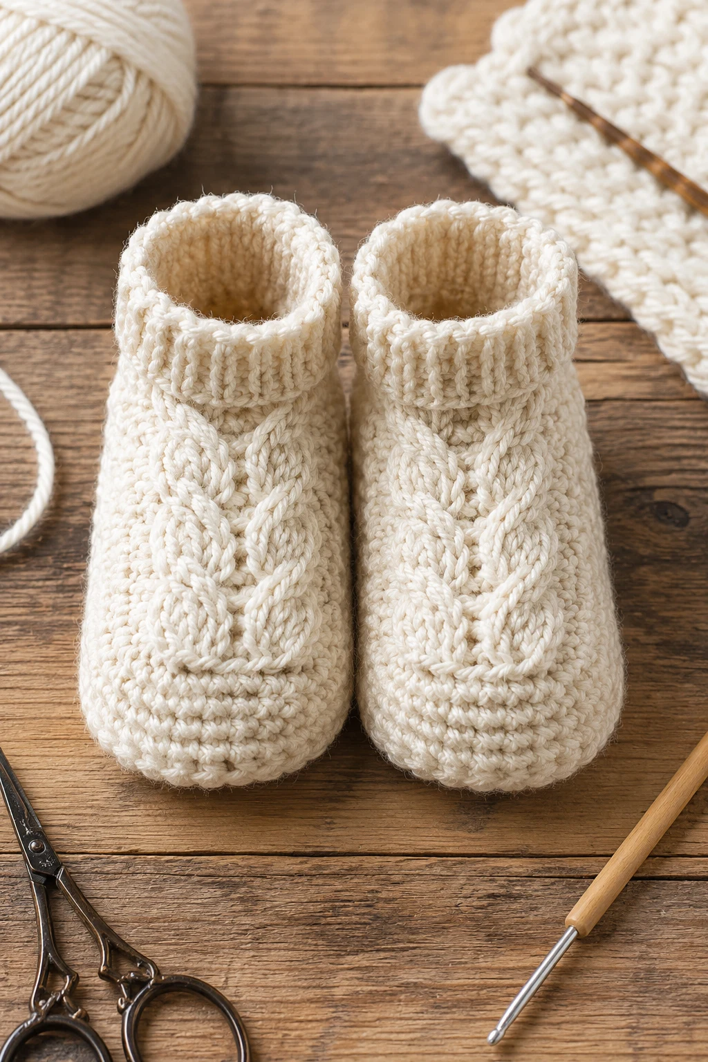Cream Cable-Knit Booties — crochet baby shoes for boys style outfit
