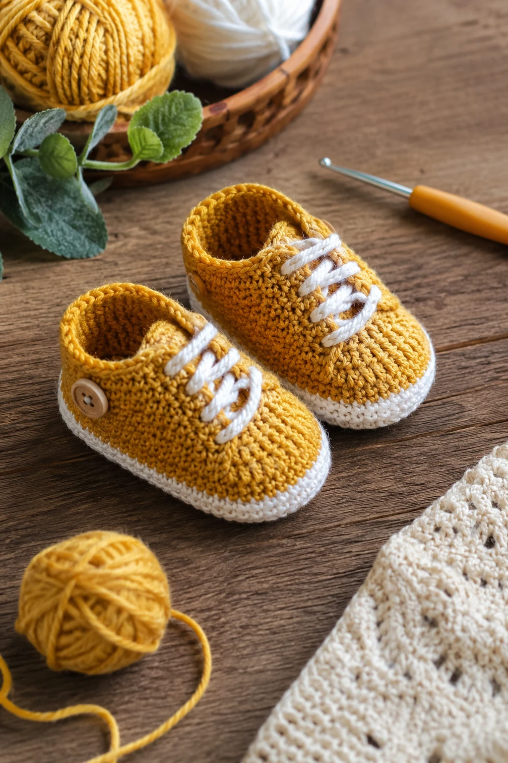 Mustard Sunshine Shoes — crochet baby shoes for boys style outfit