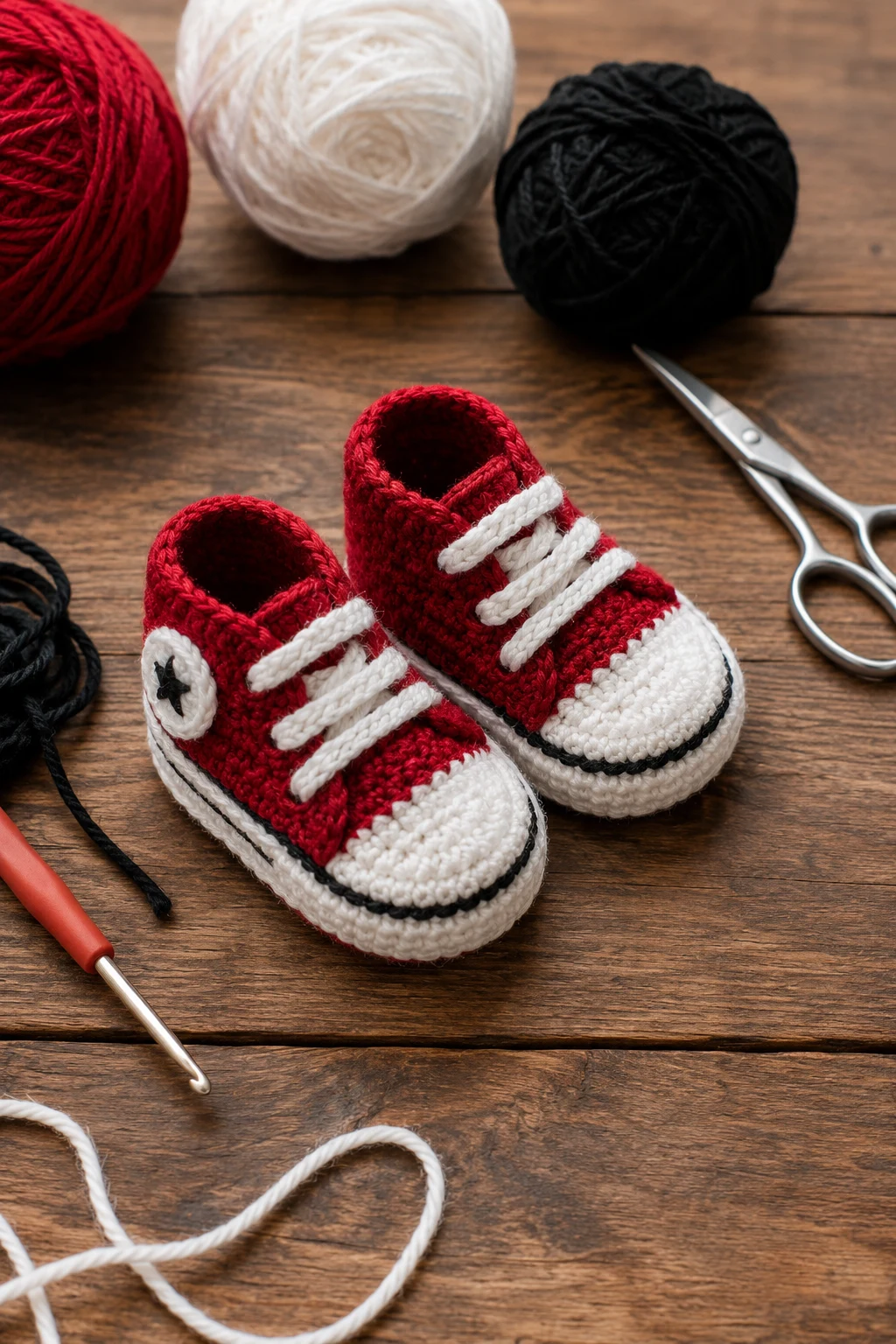 Tiny Red Sneakers — crochet baby shoes for boys style outfit