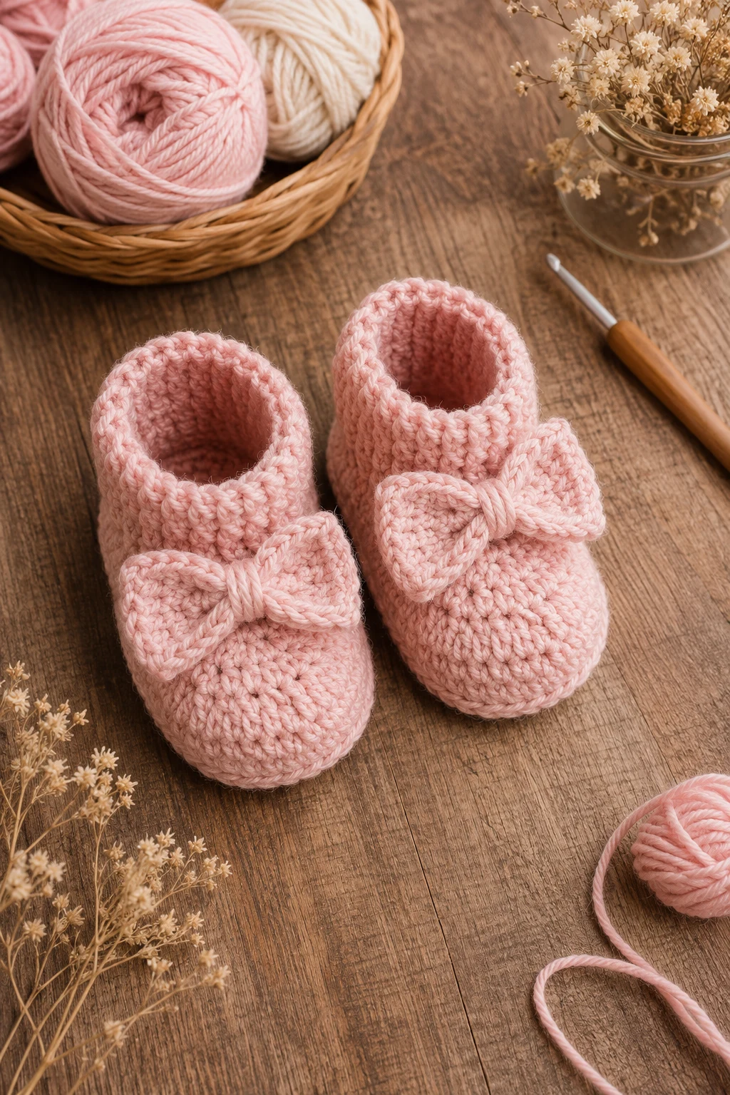 Blush Pink Bow Booties — crochet baby shoes free style outfit