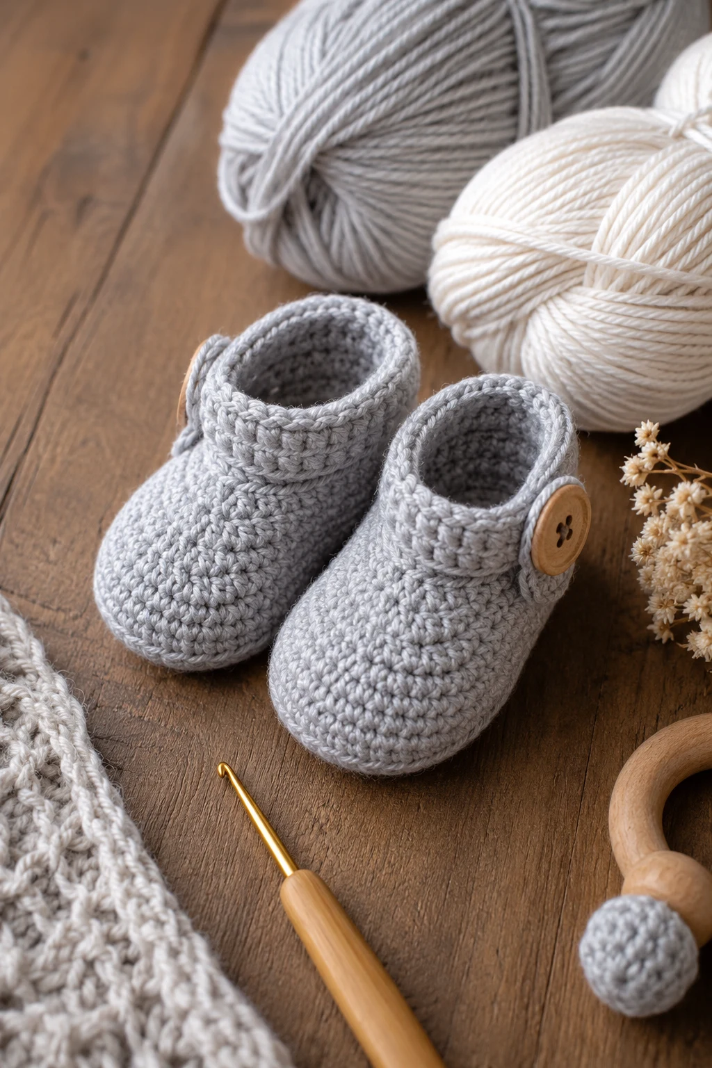 Soft Gray Button Booties — crochet baby shoes free style outfit