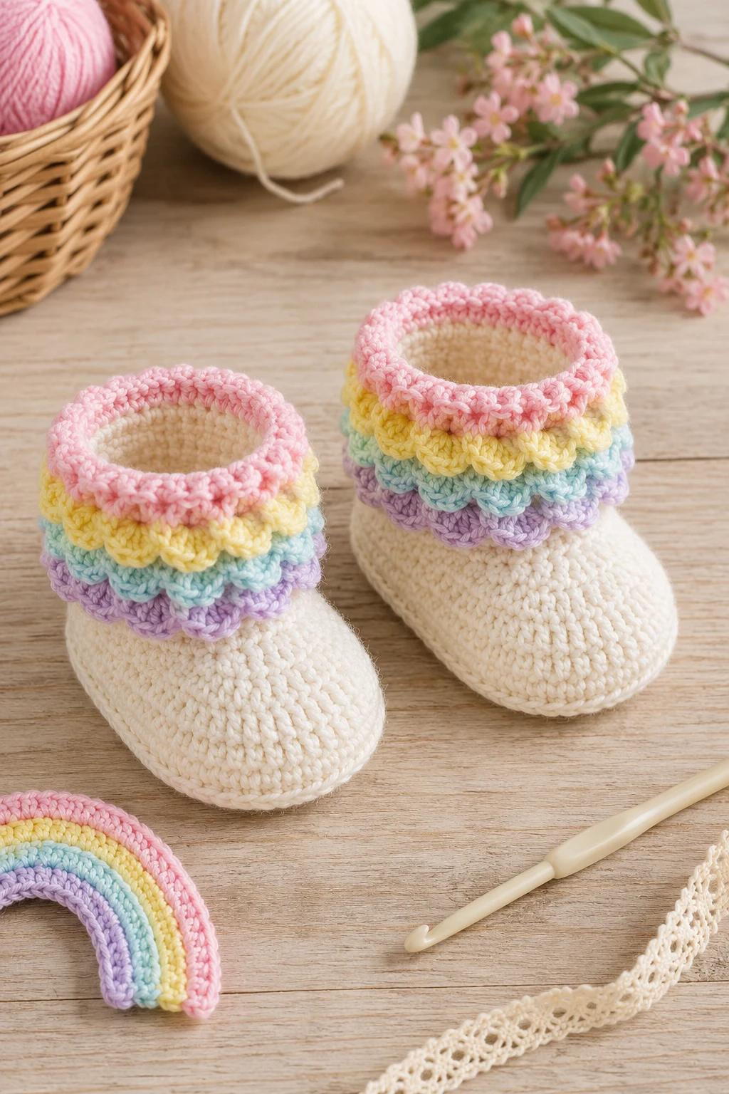 Rainbow Trim Booties — crochet baby shoes girl style outfit
