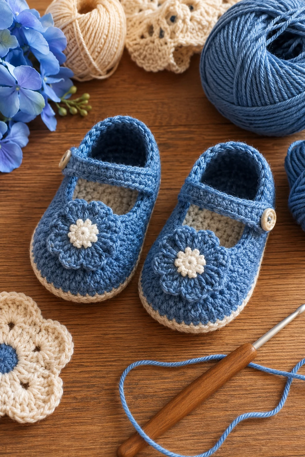 Denim-Blue Flower Shoes — crochet baby shoes girl style outfit