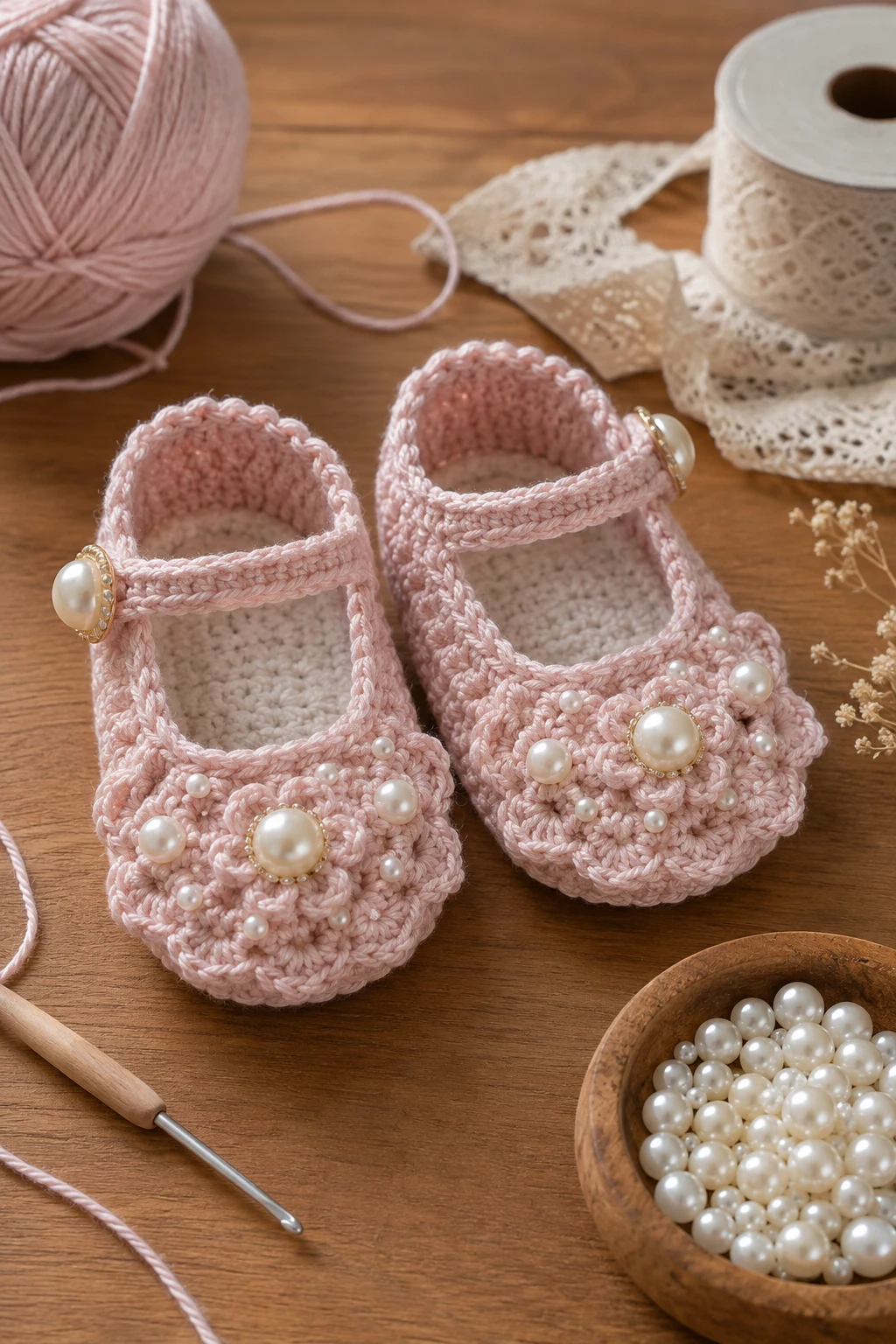 Crochet Baby Girl Shoes With Pearly Details — crochet baby shoes girl style outfit