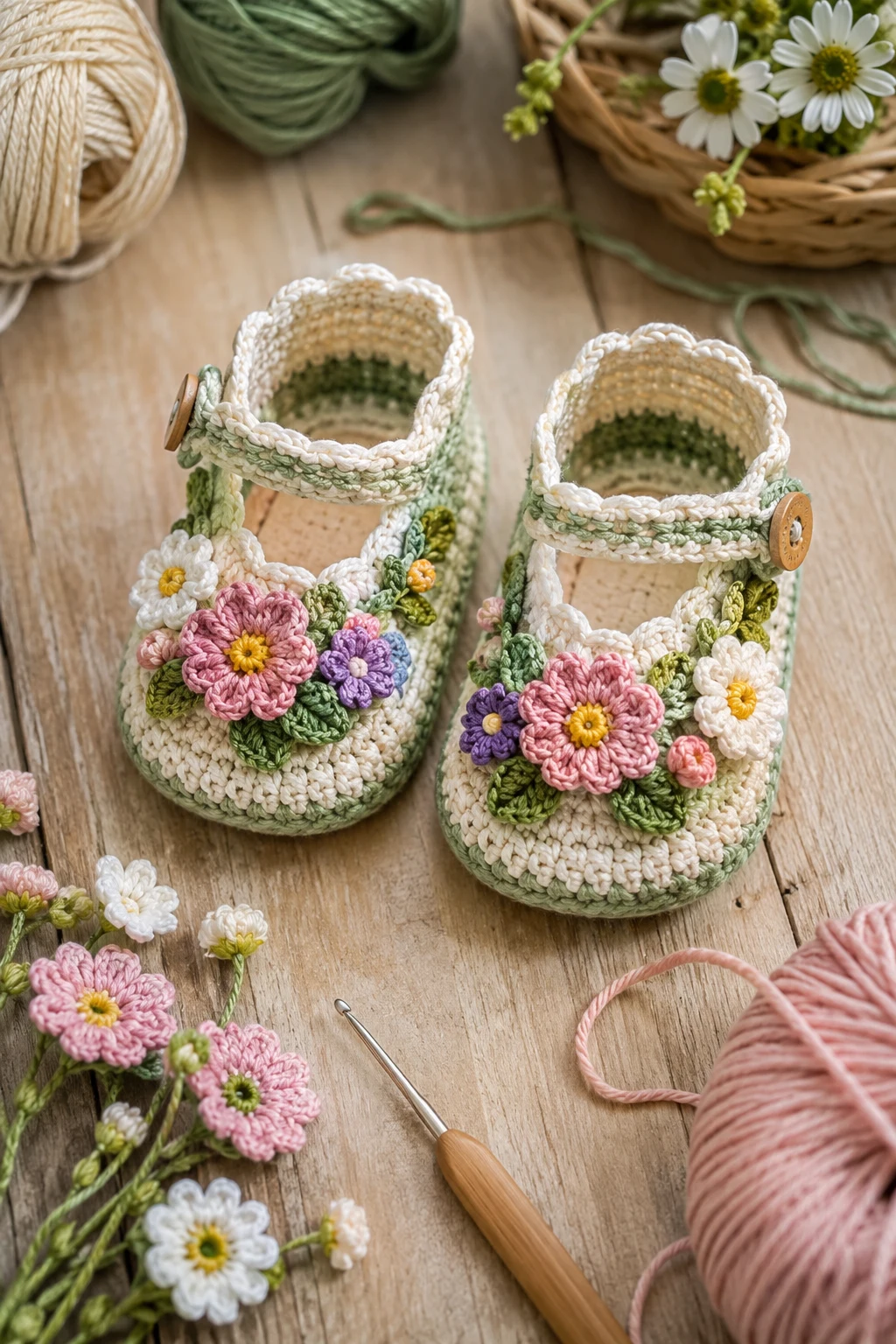 Floral Garden Booties — crochet baby shoes girl style outfit